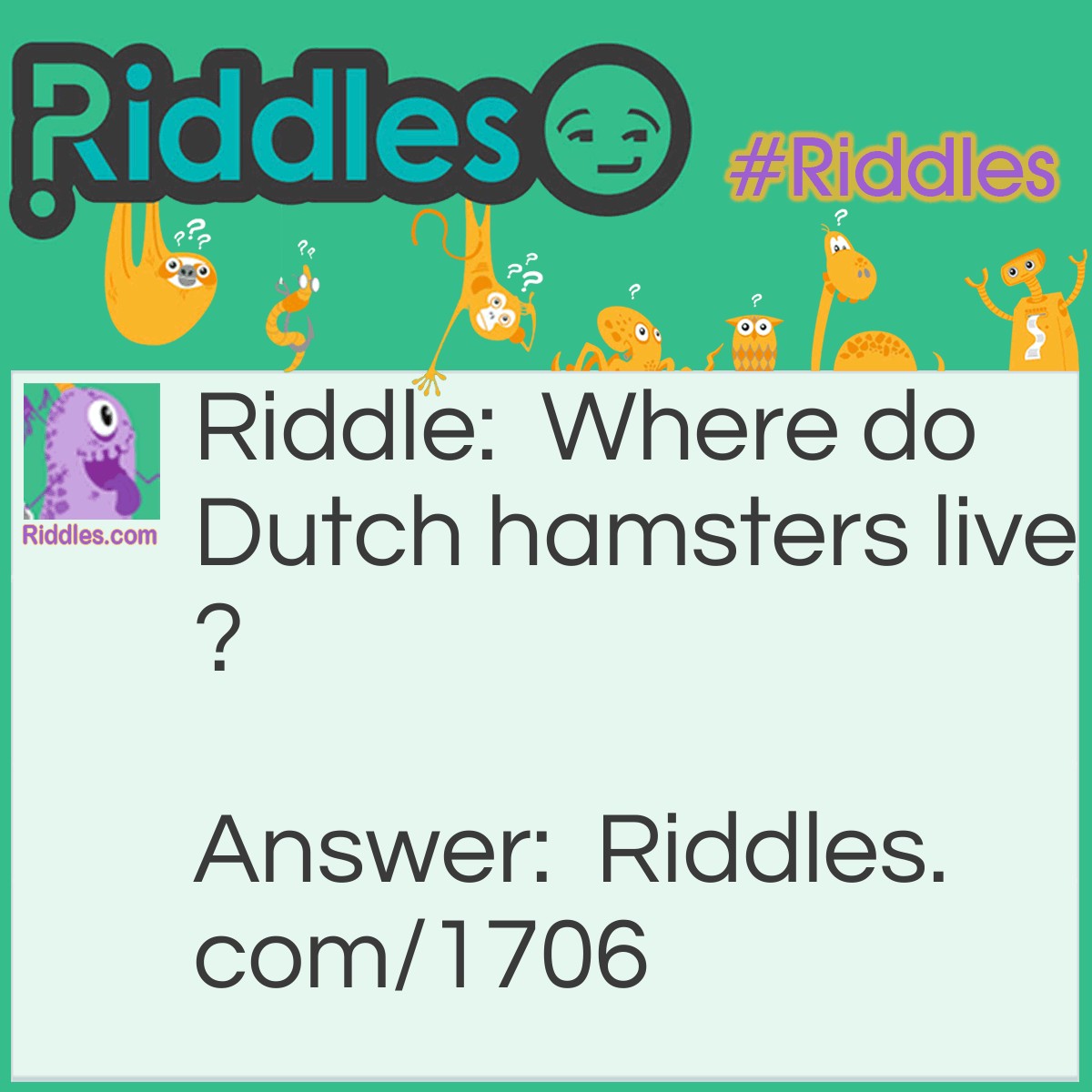 Riddle: Where do Dutch hamsters live? Answer: In Ham-sterdam.