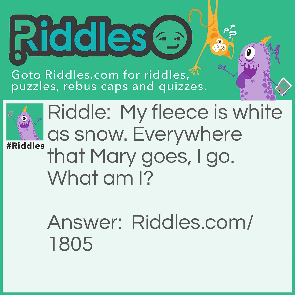 Riddle: My fleece is white as snow. Everywhere that Mary goes, I go. What am I? Answer: A lamb.