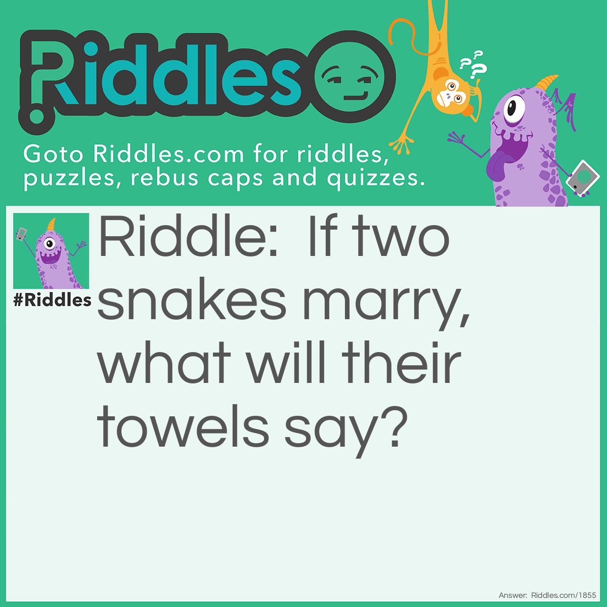 Riddle: If two snakes marry, what will their towels say? Answer: Hiss and Hers.