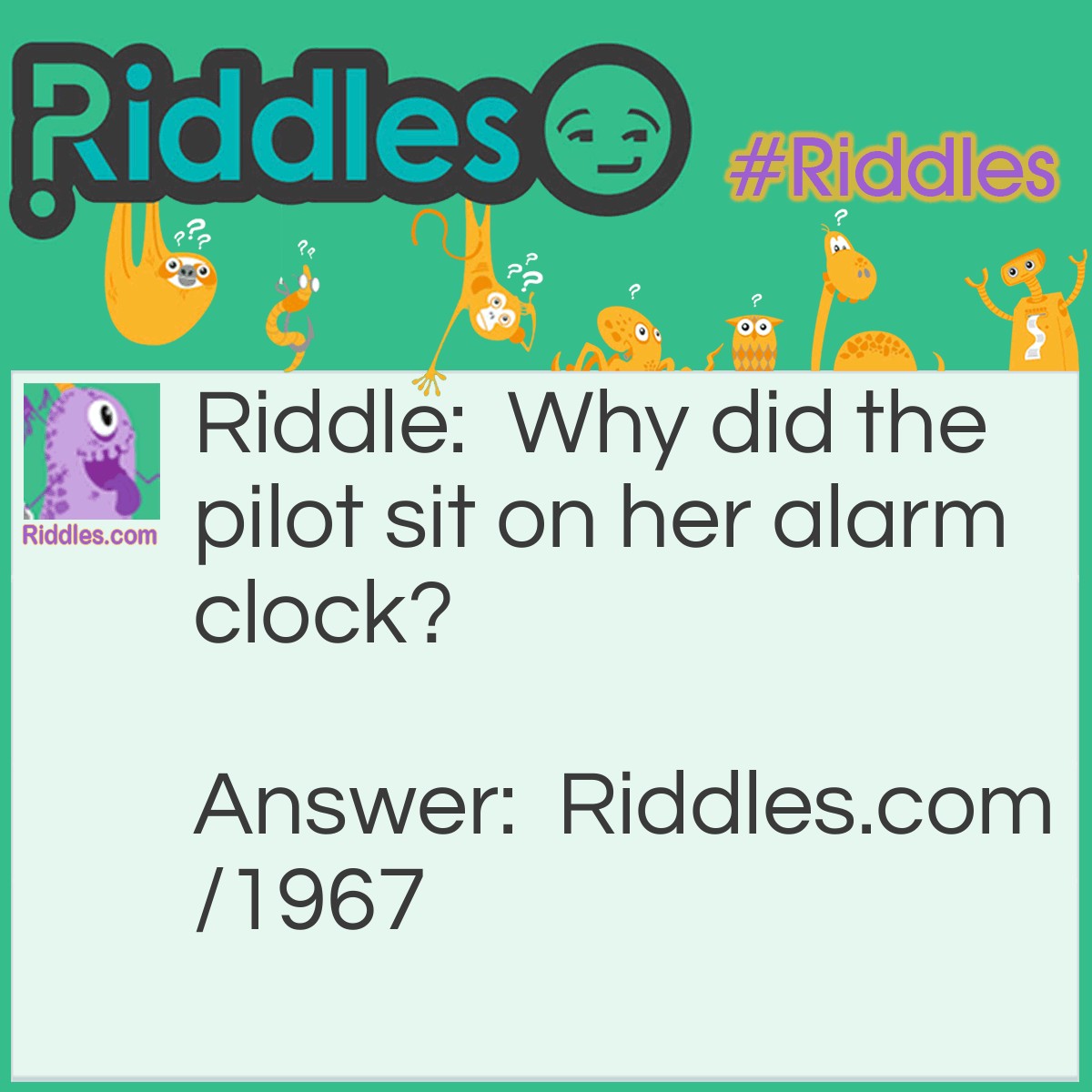 Riddle: Why did the pilot sit on her alarm clock? Answer: She wanted to be on time.