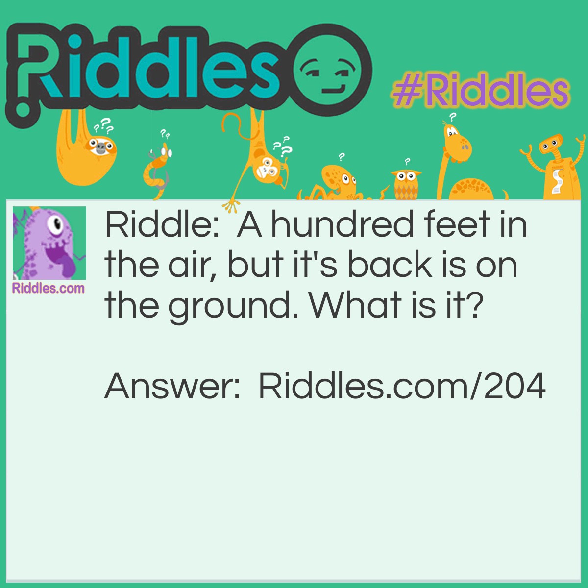Riddle: A hundred feet in the air, but it's back is on the ground. What is it? Answer: A centipede flipped over.