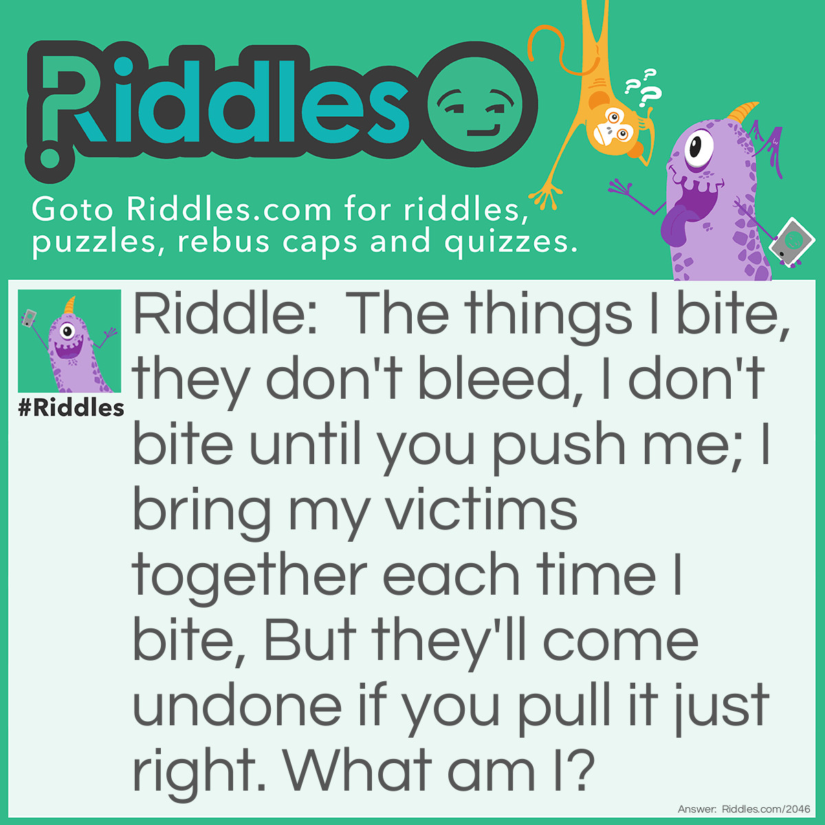 Riddle: The things I bite, they don't bleed, 
I don't bite until you push me; 
I bring my victims together each time I bite, 
But they'll come undone if you pull it just right. 
What am I? Answer: A Stapler.
