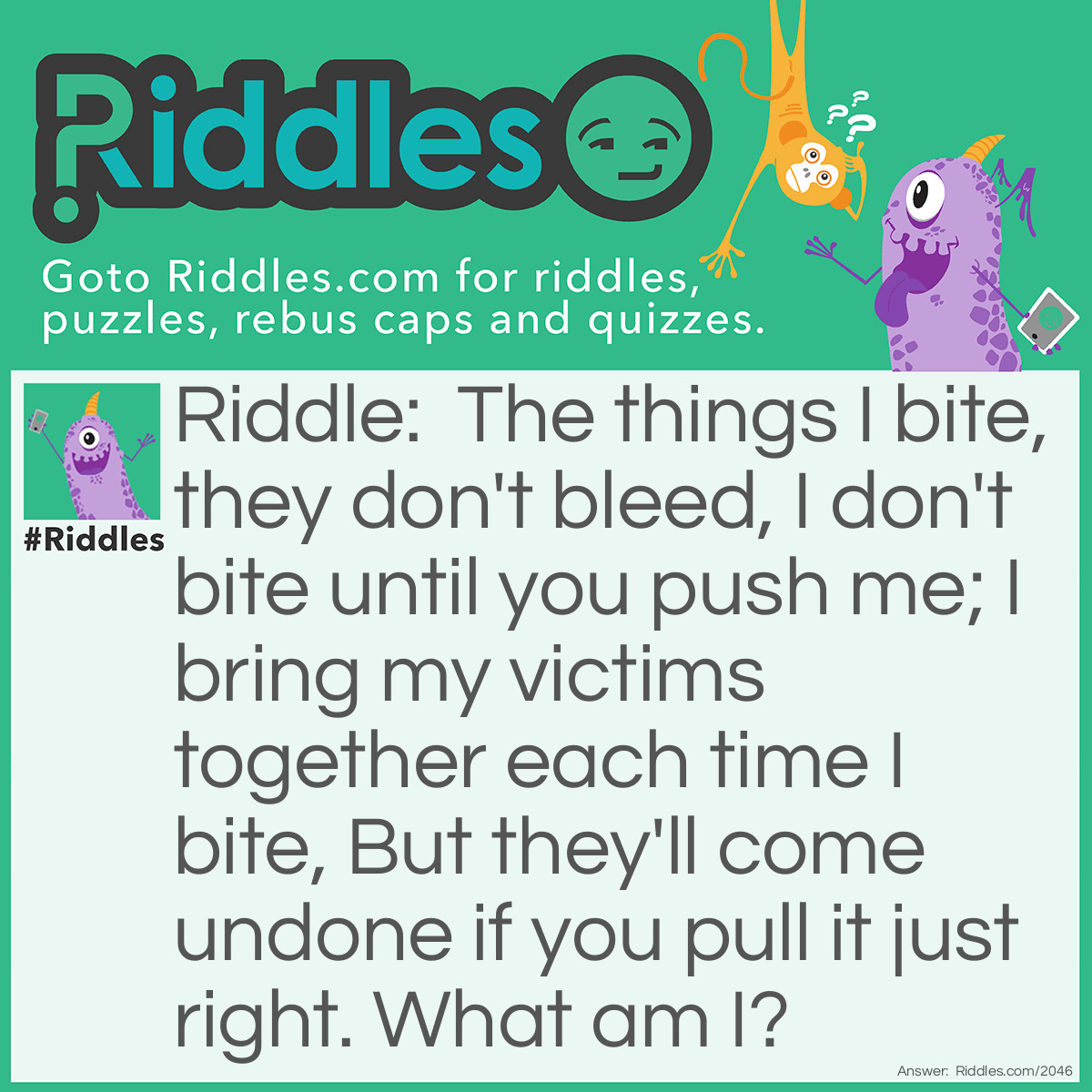 Riddle: The things I bite, they don't bleed, 
I don't bite until you push me; 
I bring my victims together each time I bite, 
But they'll come undone if you pull it just right. 
What am I? Answer: A Stapler.