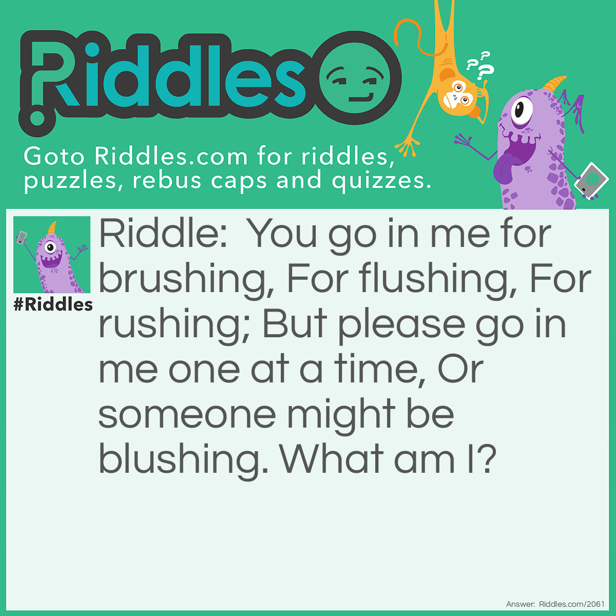 Riddle: You go in me for brushing,
For flushing,
For rushing;
But please go in me one at a time,
Or someone might be blushing.
What am I? Answer: A bathroom.