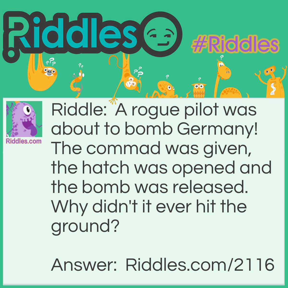 Riddle: A rogue pilot was about to bomb Germany! The commad was given, the hatch was opened and the bomb was released.
Why didn't it ever hit the ground? Answer: The plane was flying upside down!