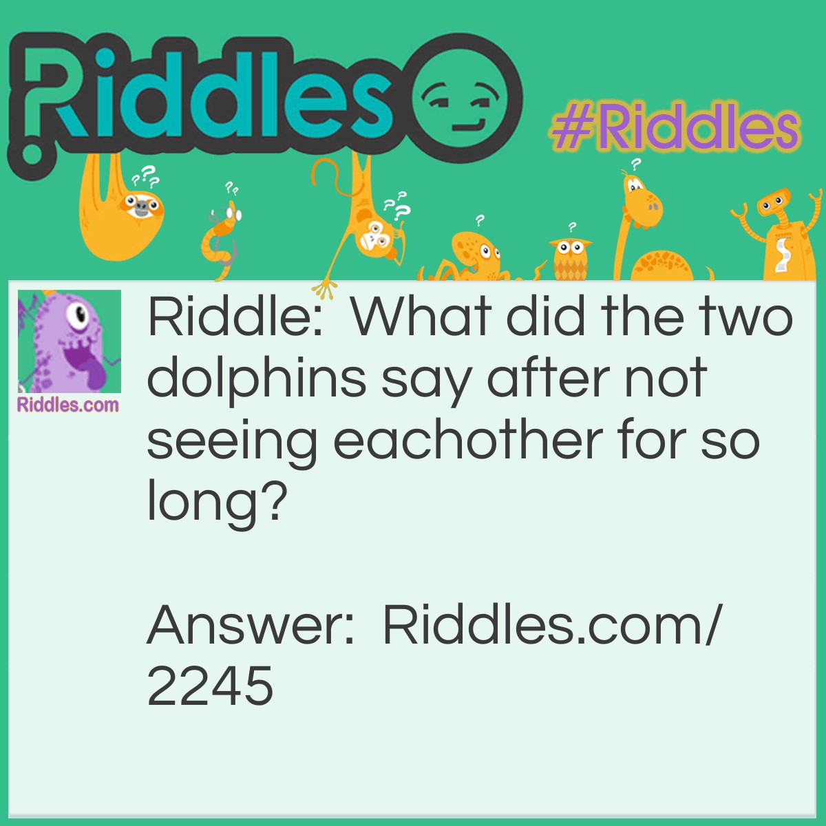 Riddle: What did the two dolphins say after not seeing each other for so long? Answer: "Long time no sea."