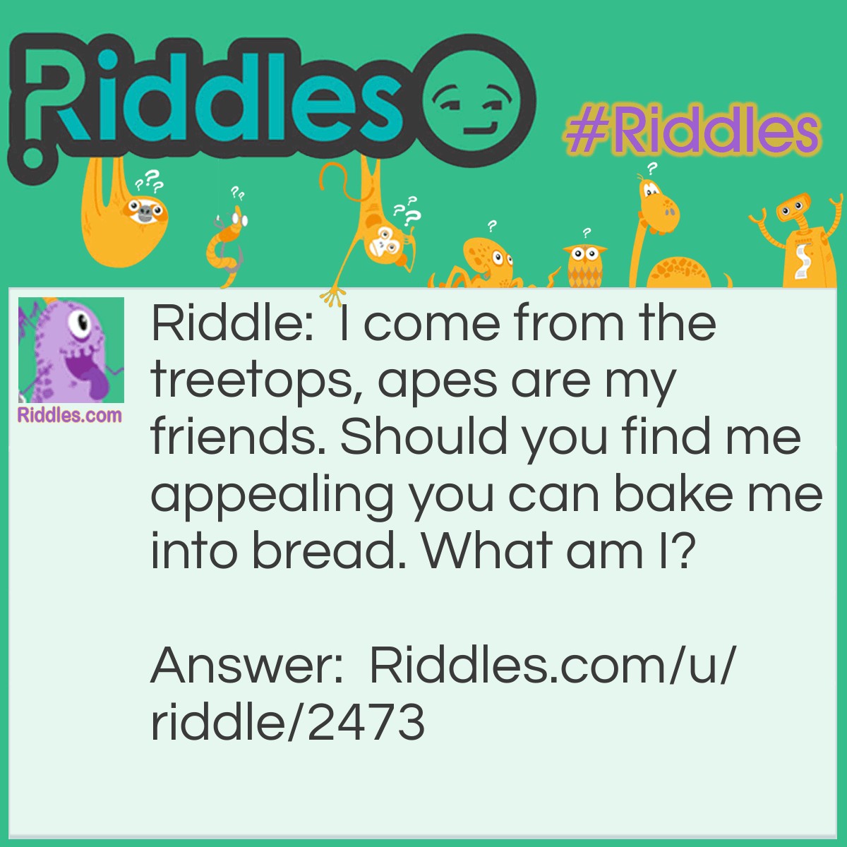 Riddle: I come from the treetops, apes are my friends. Should you find me appealing you can bake me into bread. What am I? Answer: A banana.