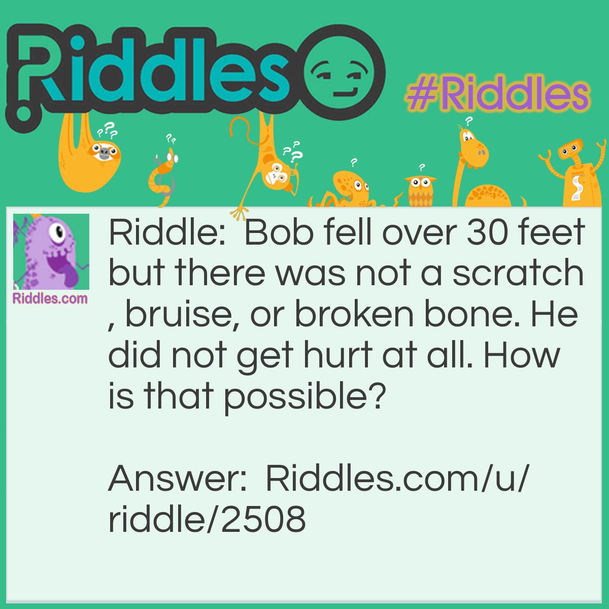 Riddle: Bob fell over 30 feet but there was not a scratch, bruise, or broken bone. He did not get hurt at all. How is that possible? Answer: He fell over 30 peoples feet at the movie theaters.