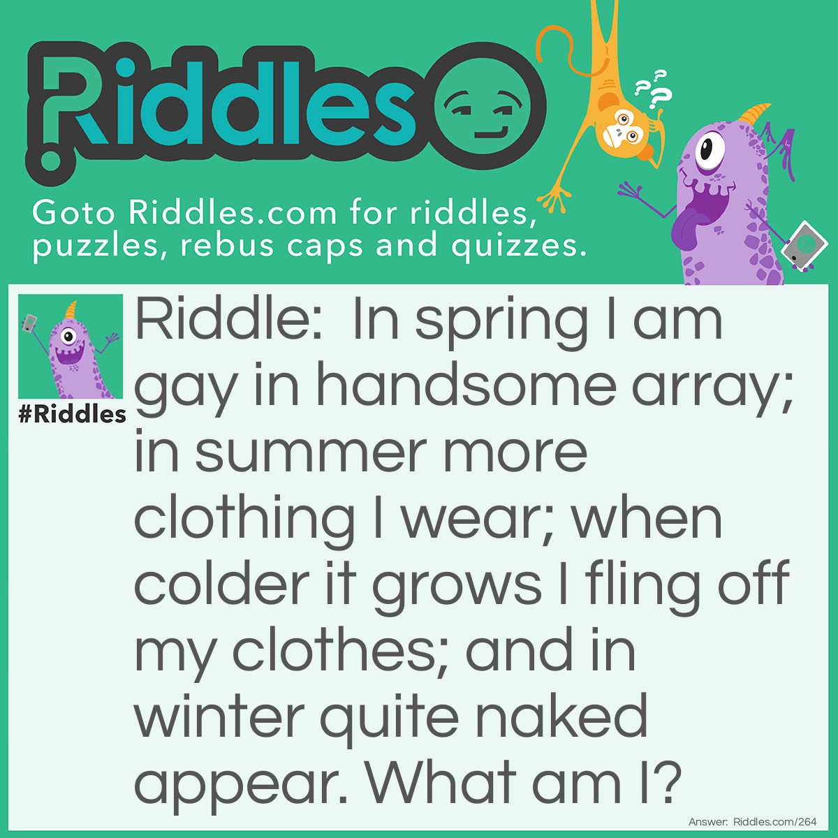 Riddle: In spring I am gay in handsome array; in summer more clothing I wear; when colder it grows I fling off my clothes; and in winter quite naked appear. What am I? Answer: A Tree.