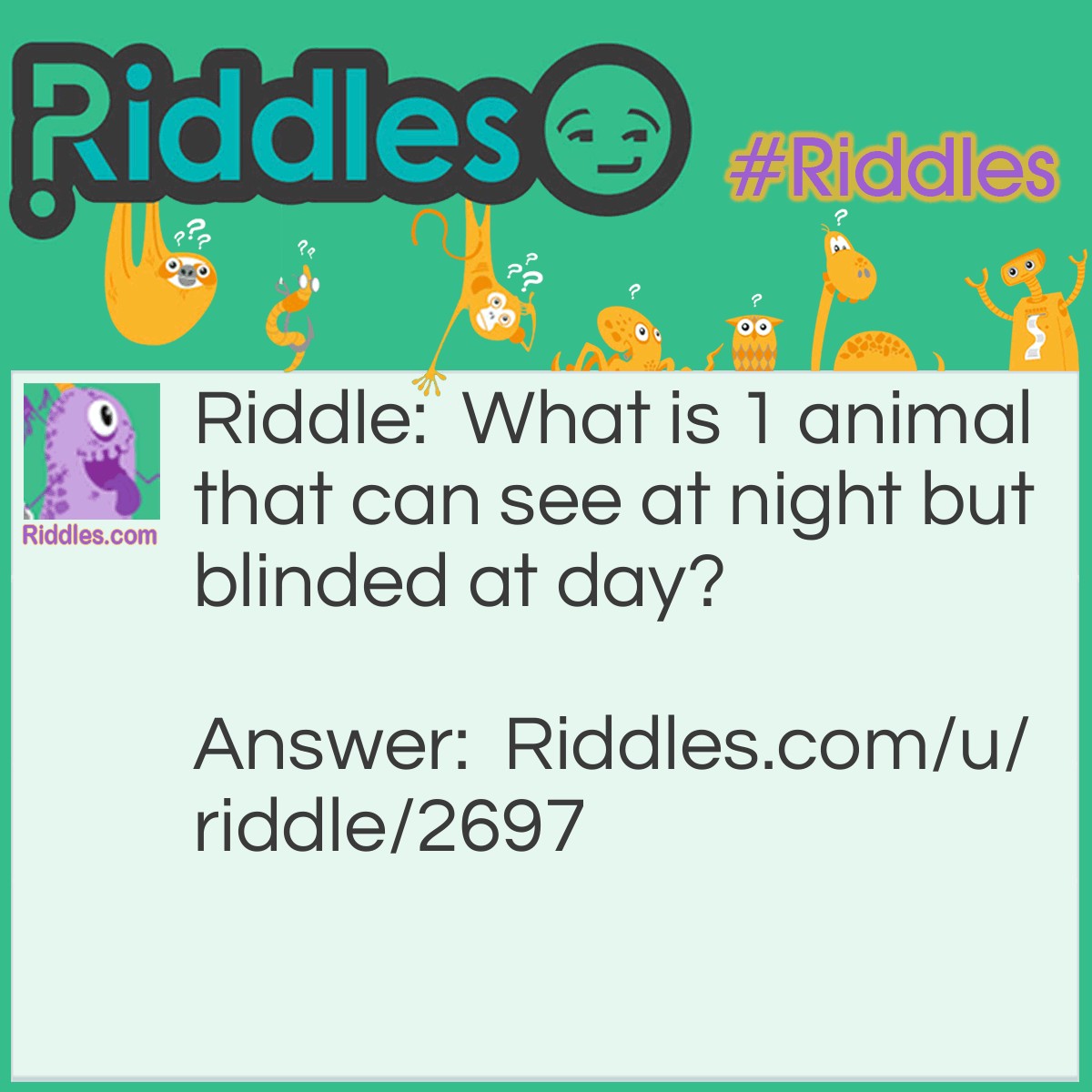 Riddle: What is one animal that can see at night but is blinded during the day? Answer: A bat and 1=a.