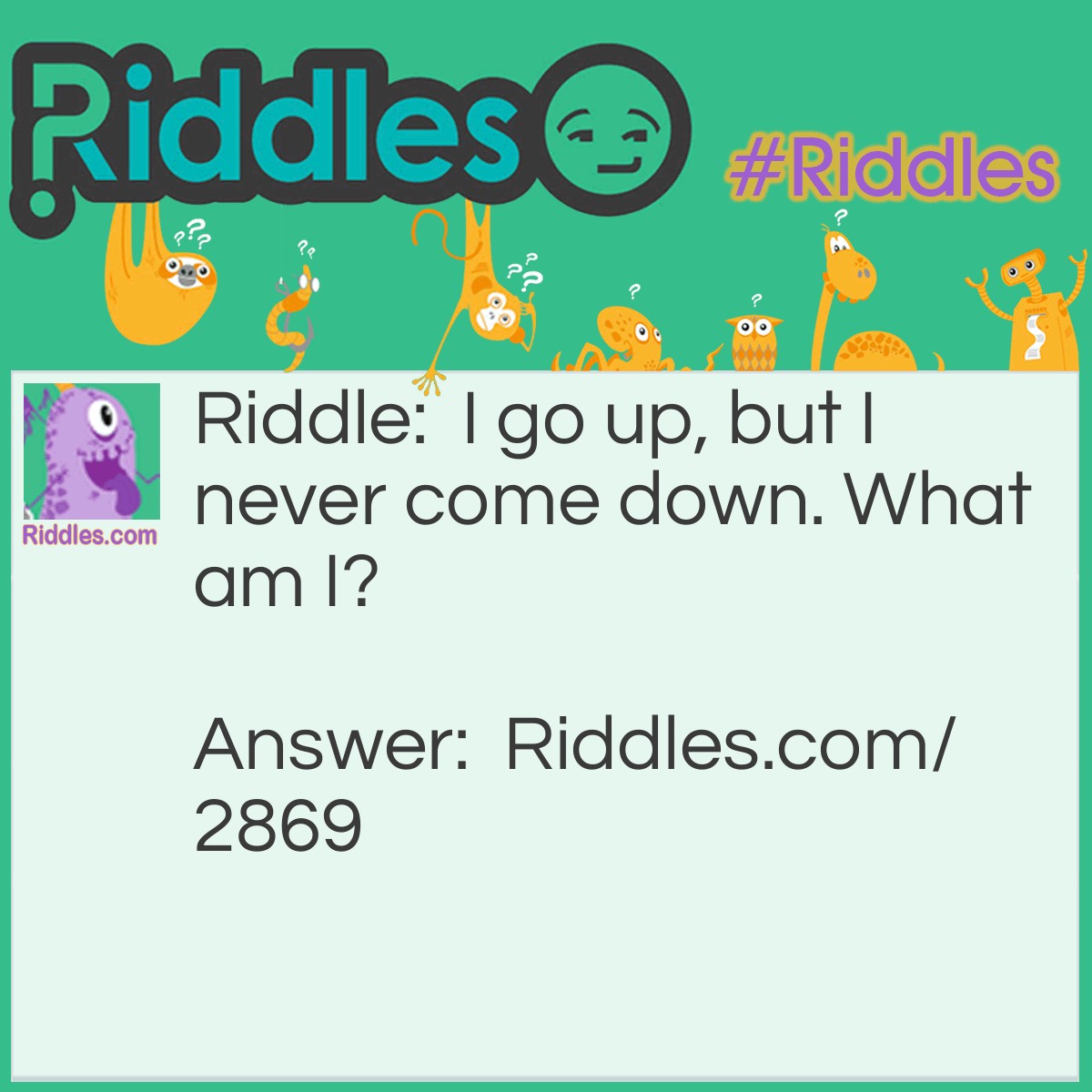 Riddle: I go up, but I never come down. What am I? Answer: Your age!