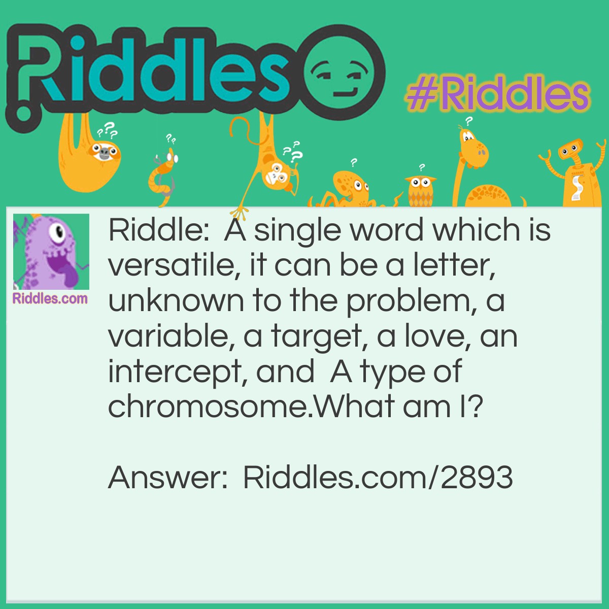 Riddle: A single word which is versatile, it can be a letter, unknown to the problem, a variable, a target, a love, an intercept, and a type of chromosome. What am I? Answer: X.