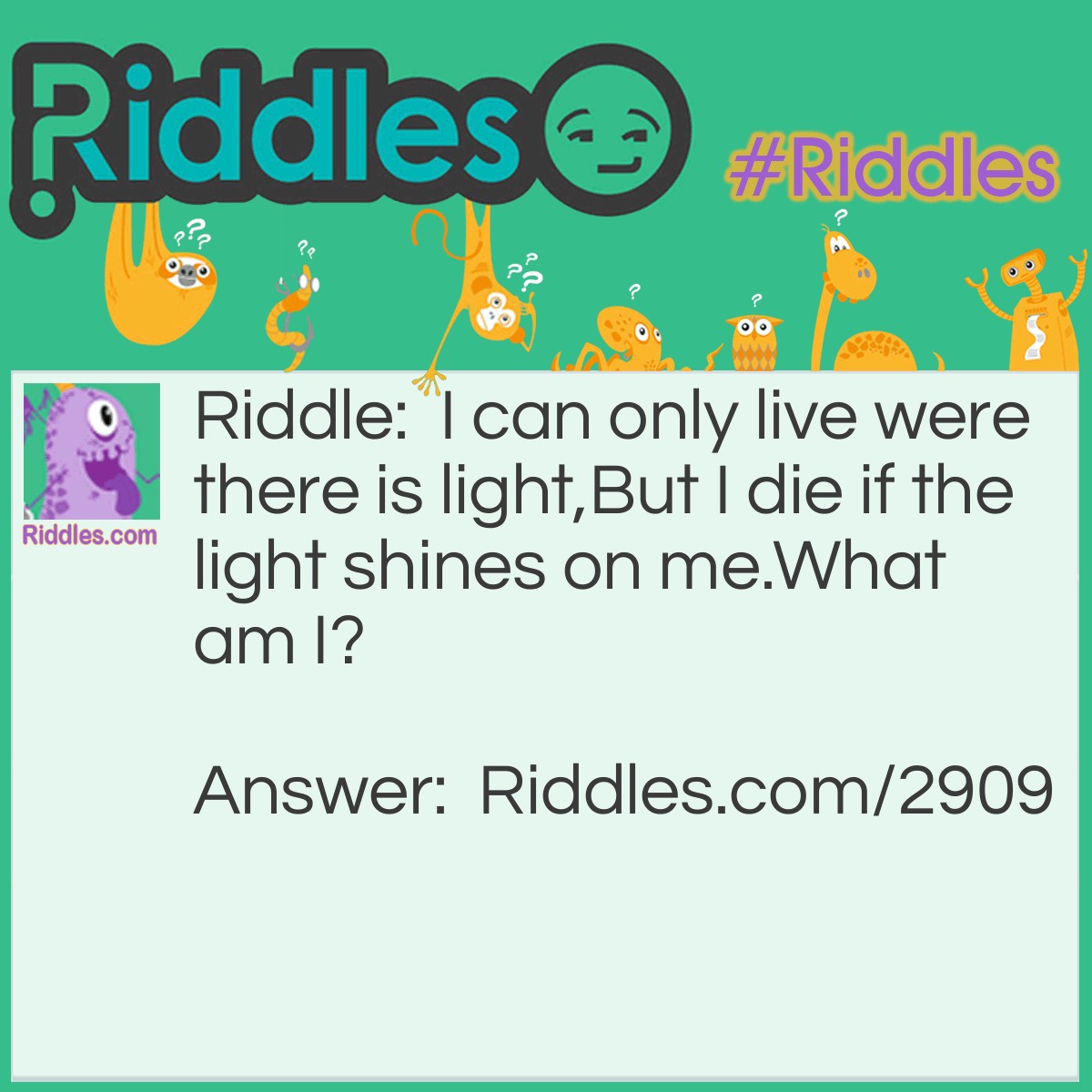 Riddle: I can only live were there is light, But I die if the light shines on me. What am I? Answer: A shadow.
