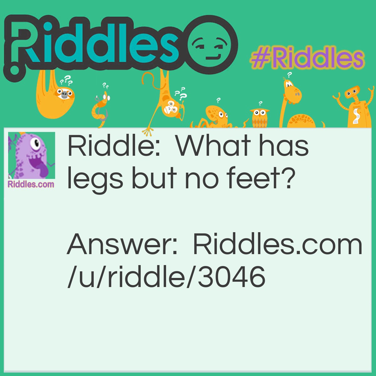 Riddle: What has legs but no feet? Answer: A Snail.