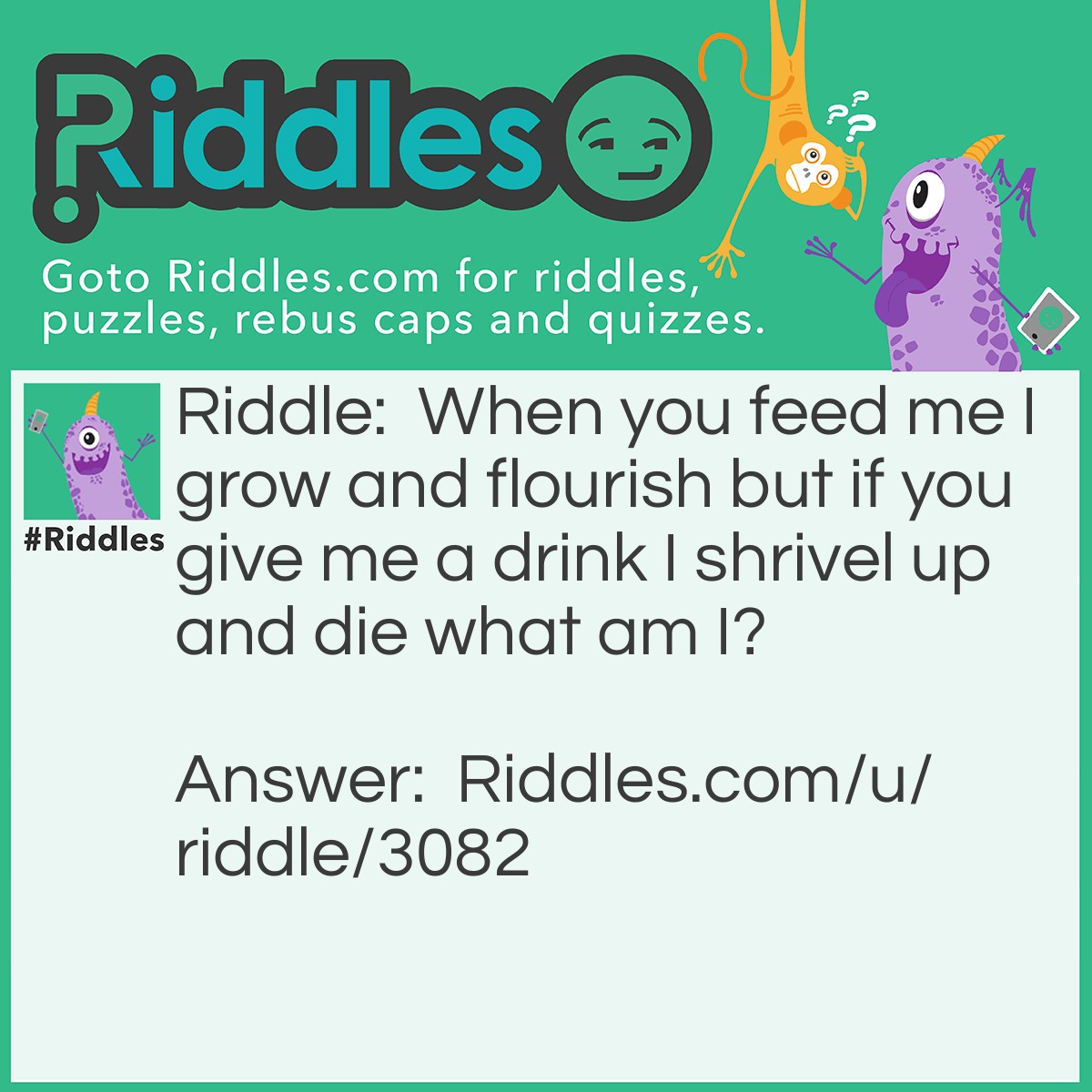 Riddle: When you feed me I grow and flourish but if you give me a drink I shrivel up and die what am I? Answer: I am fire!