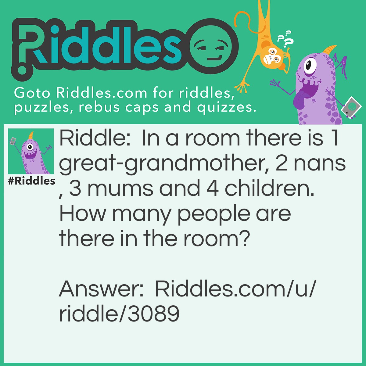 Riddle: In a room, there is 1 great-grandmother, 2 nans, 3 mums, and 4 children. How many people are there in the room? Answer: 4 because say in a room there was a great grandma , a nan , a mum and a child. You have one great grandma, two nans ( the great grandma to the mum and the nan to the child) , three mums (great grandma to the nan the nan to the mum and the mum to the child) and four children as the great grandma, the nan, the mum and the child are all someones child so are all children which makes there 4 people.