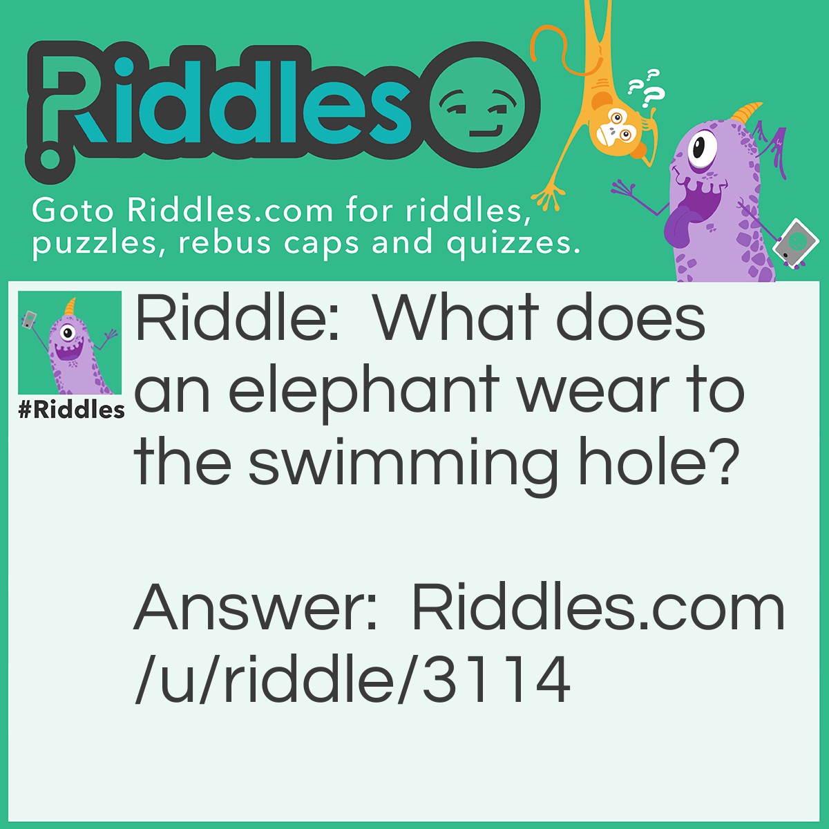 Riddle: What does an elephant wear to the swimming hole? Answer: Swimming Trunks!!!!