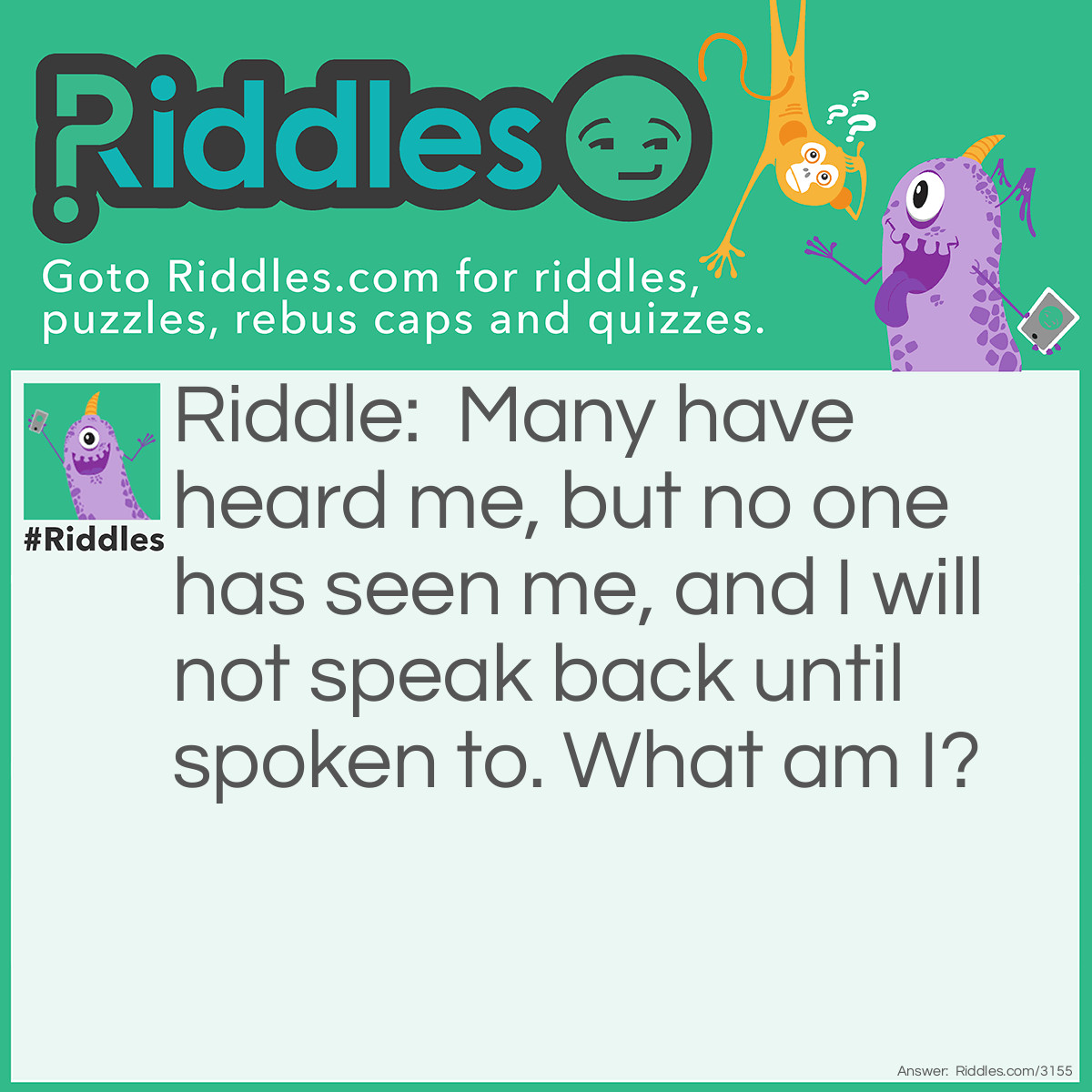 Riddle: Many have heard me, but no one has seen me, and I will not speak back until spoken to. What am I? Answer: An echo.