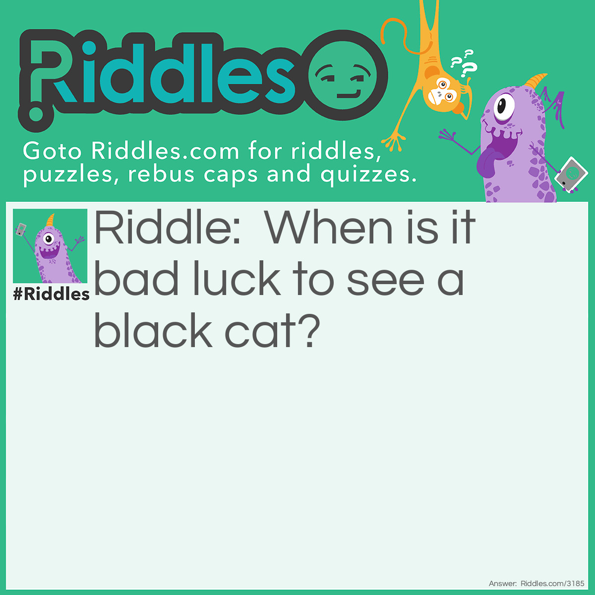 Riddle: When is it bad luck to see a black cat? Answer: When you are a mouse.