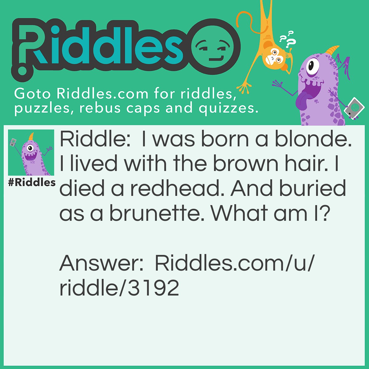 Riddle: I was born a blonde. I lived with the brown hair. I died a redhead. And buried as a brunette. What am I? Answer: A Match.