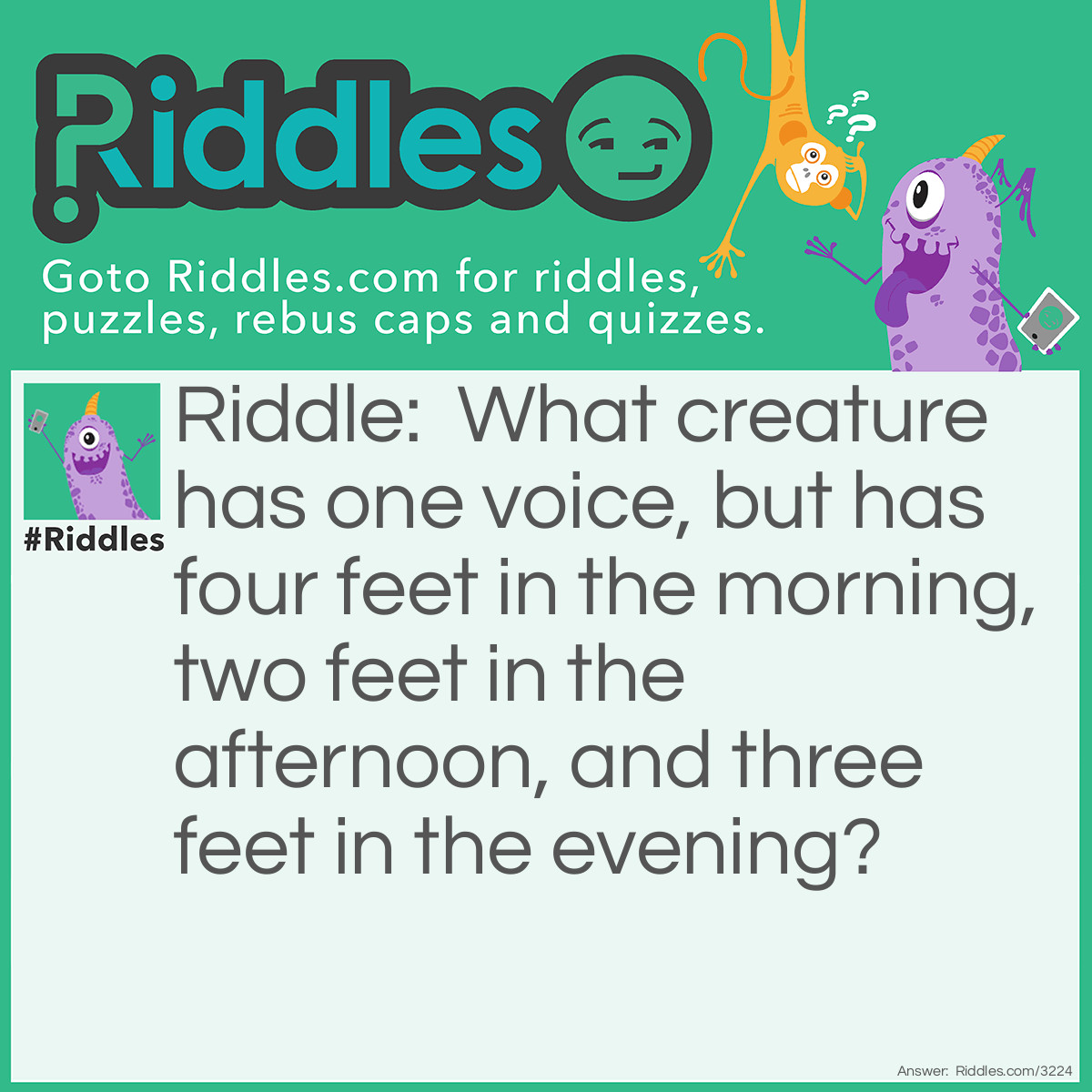 Riddle: What creature has one voice, but has four feet in the morning, two feet in the afternoon, and three feet in the evening? Answer: Man crawls on all fours as a baby, walks on two as an adult, and needs a walking cane when old.  The Sphinx posed this riddle to Oedipus who solved the riddle correctly.