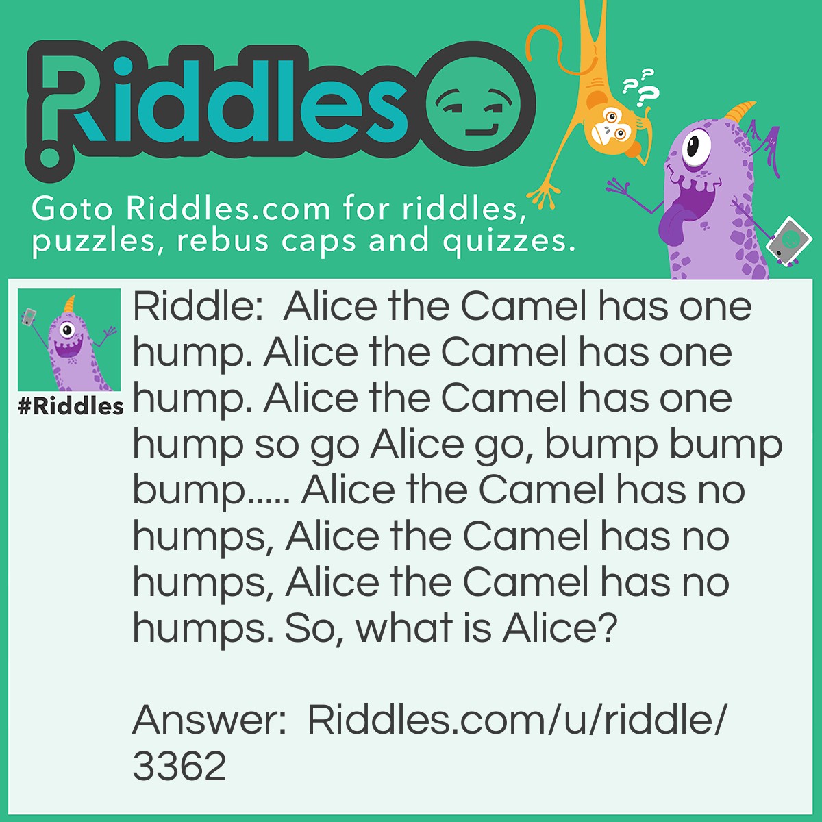 Riddle: Alice the Camel has one hump. Alice the Camel has one hump. Alice the Camel has one hump so go Alice go, bump bump bump..... Alice the Camel has no humps, Alice the Camel has no humps, Alice the Camel has no humps. So, what is Alice? Answer: A horse