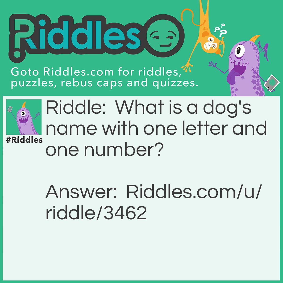 Riddle: What is a dog's name with one letter and one number? Answer: K9 (canine).