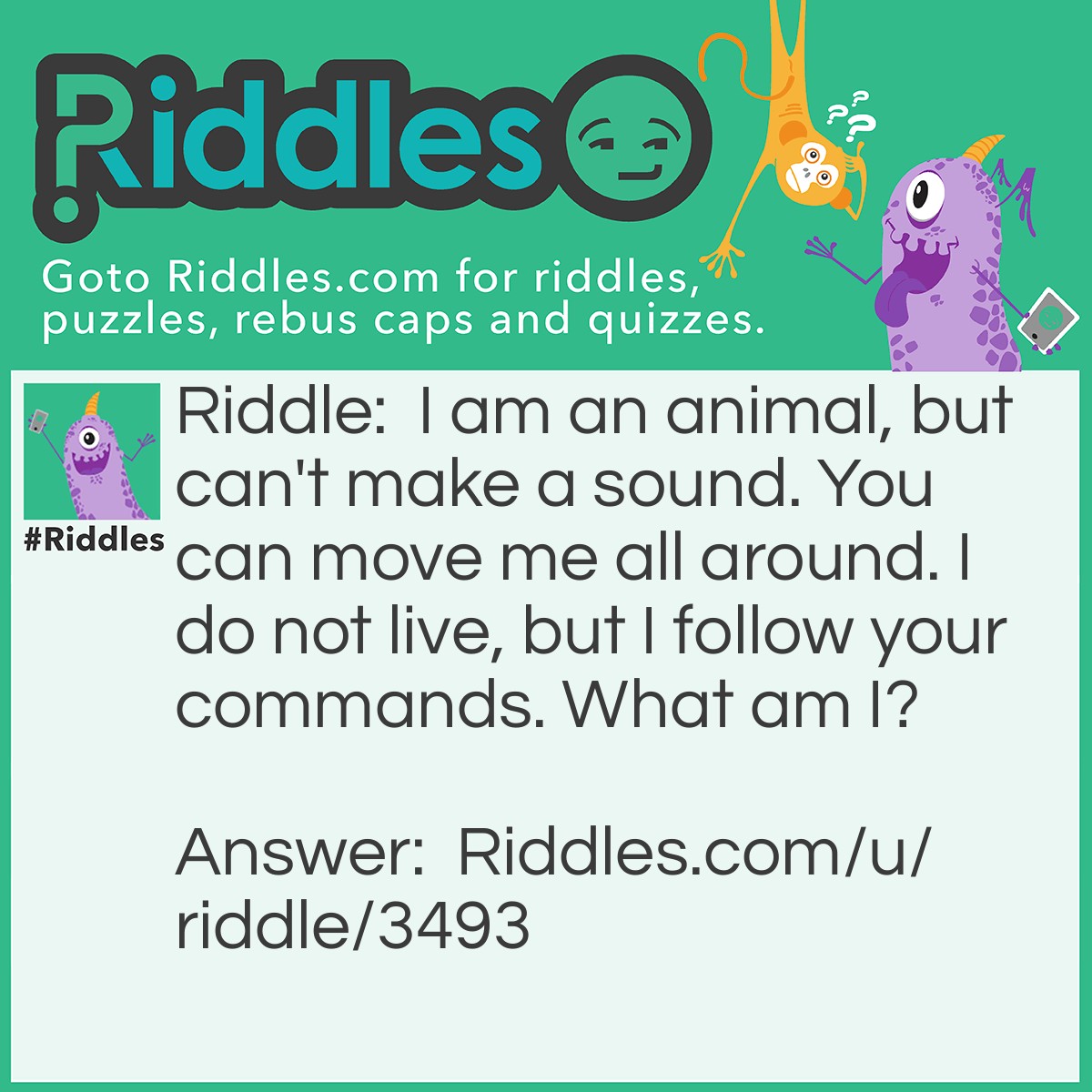 Riddle: I am an animal, but can't make a sound. You can move me all around. I do not live, but I follow your commands. What am I? Answer: A mouse!