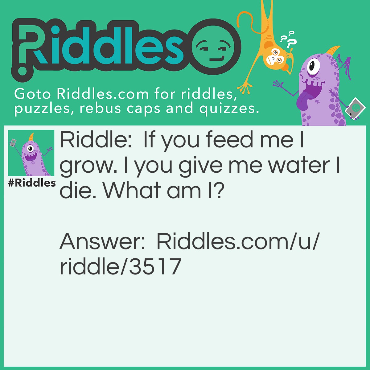 Riddle: If you feed me I grow. I you give me water I die. What am I? Answer: Fire.
