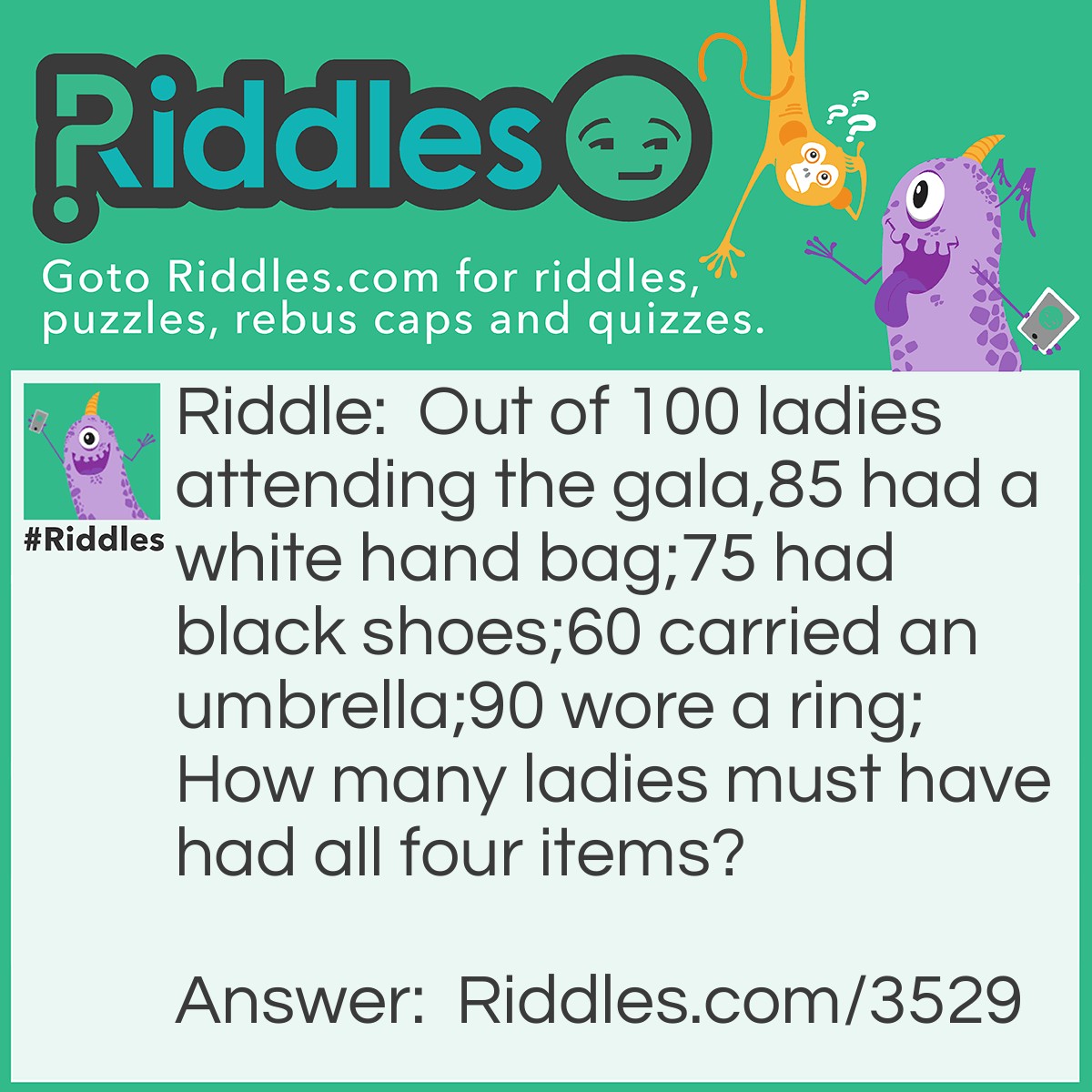 Riddle: Out of 100 ladies attending the gala,85 had a white hand bag;75 had black shoes;60 carried an umbrella;90 wore a ring;
How many ladies must have had all four items? Answer: 10
Divide by 3. All the ladies had three items. The remainder shows the number of ladies who had 4.
85756090______310 / 3 = 100 + 10 remainder