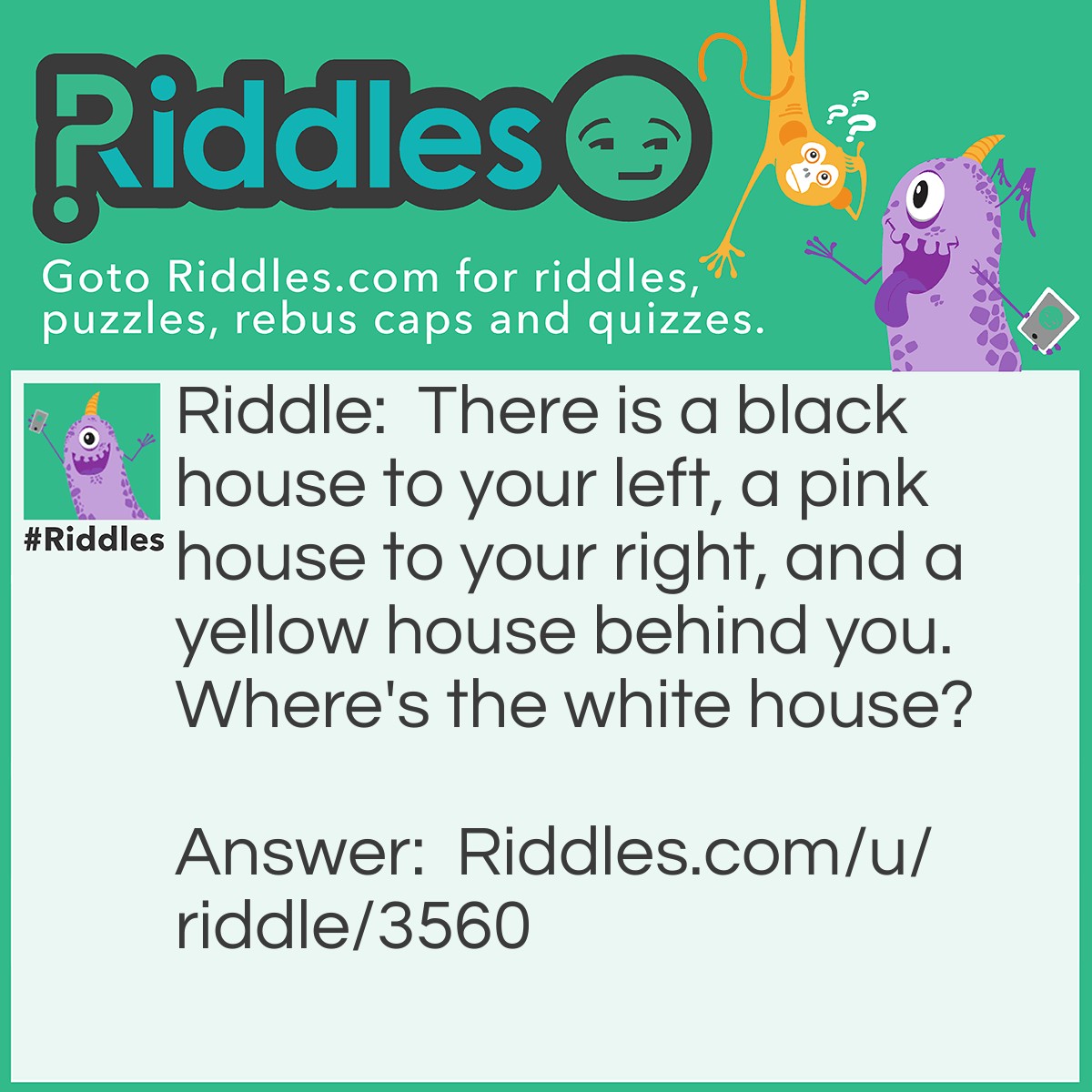 Riddle: There is a black house to your left, a pink house to your right, and a yellow house behind you. Where's the white house? Answer: In Washington, D.C.