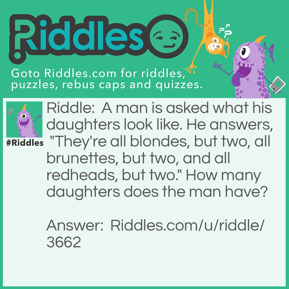 Riddle: A man is asked what his daughters look like. He answers, "They're all blondes, but two, all brunettes, but two, and all redheads, but two." How many daughters does the man have? Answer: Three daughters. One is blonde, one brunette, and one redhead.