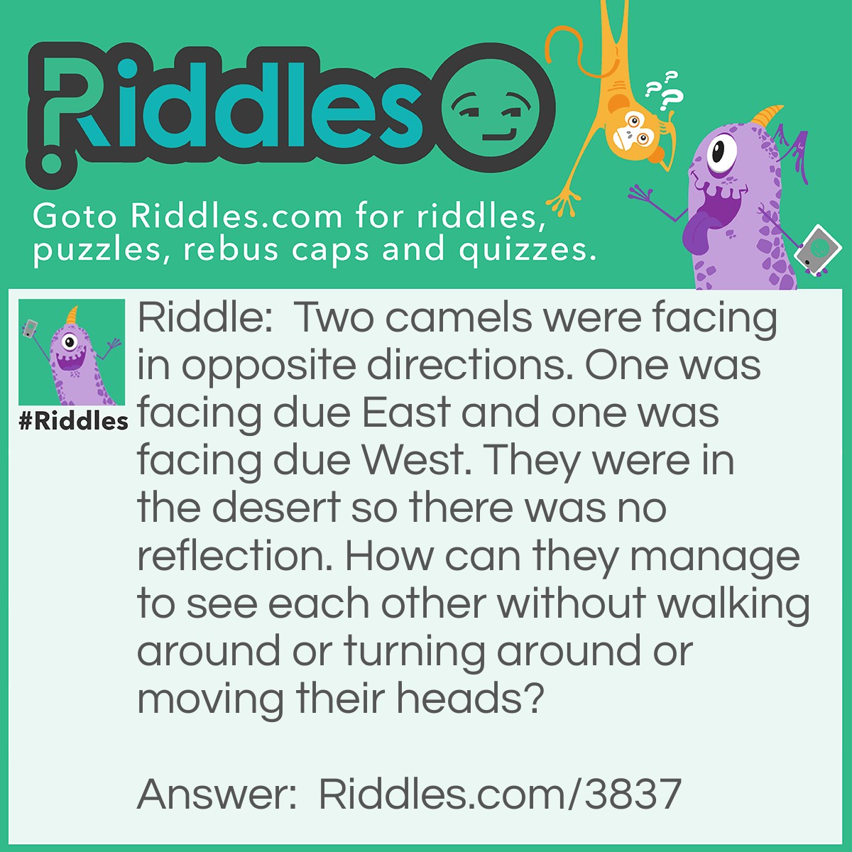 Riddle: Two camels were facing in opposite directions. One was facing due East and one was facing due West. They were in the desert so there was no reflection. How can they manage to see each other without walking around or turning around or moving their heads?  Answer: The two camels were facing each other the entire time. Hence facing in opposite directions.