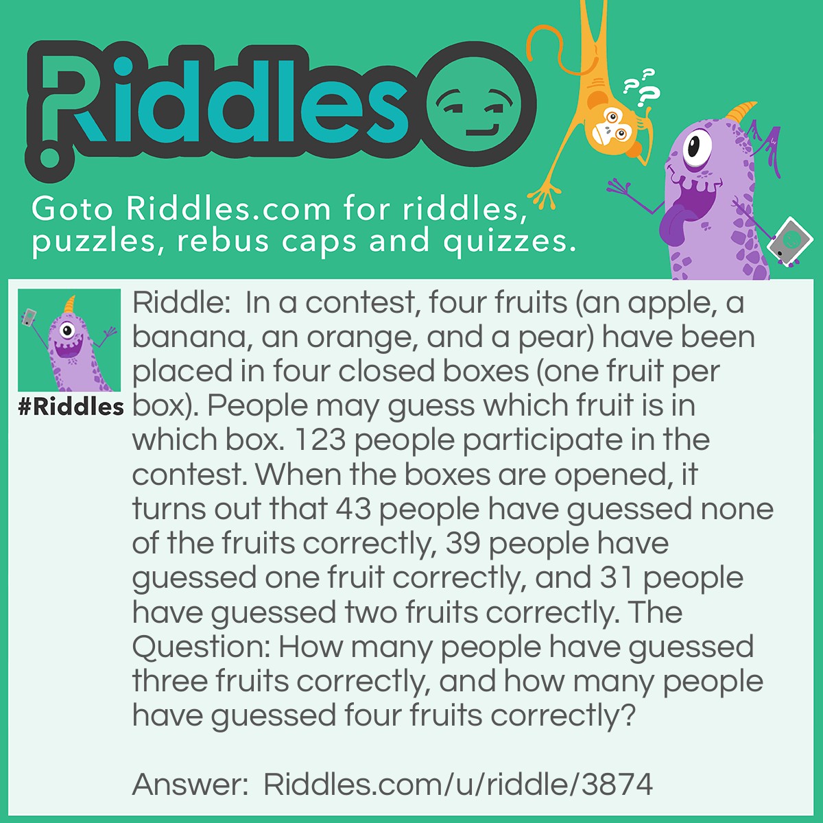 Riddle: In a contest, four fruits (an apple, a banana, an orange, and a pear) have been placed in four closed boxes (one fruit per box). People may guess which fruit is in which box. 123 people participate in the contest. When the boxes are opened, it turns out that 43 people have guessed none of the fruits correctly, 39 people have guessed one fruit correctly, and 31 people have guessed two fruits correctly. The Question: How many people have guessed three fruits correctly, and how many people have guessed four fruits correctly? Answer: It is not possible to guess only three fruits correctly: the fourth fruit is then correct too! So nobody has guessed three fruits correctly and 123-43-39-31 = 10 people have guessed four fruits correctly.