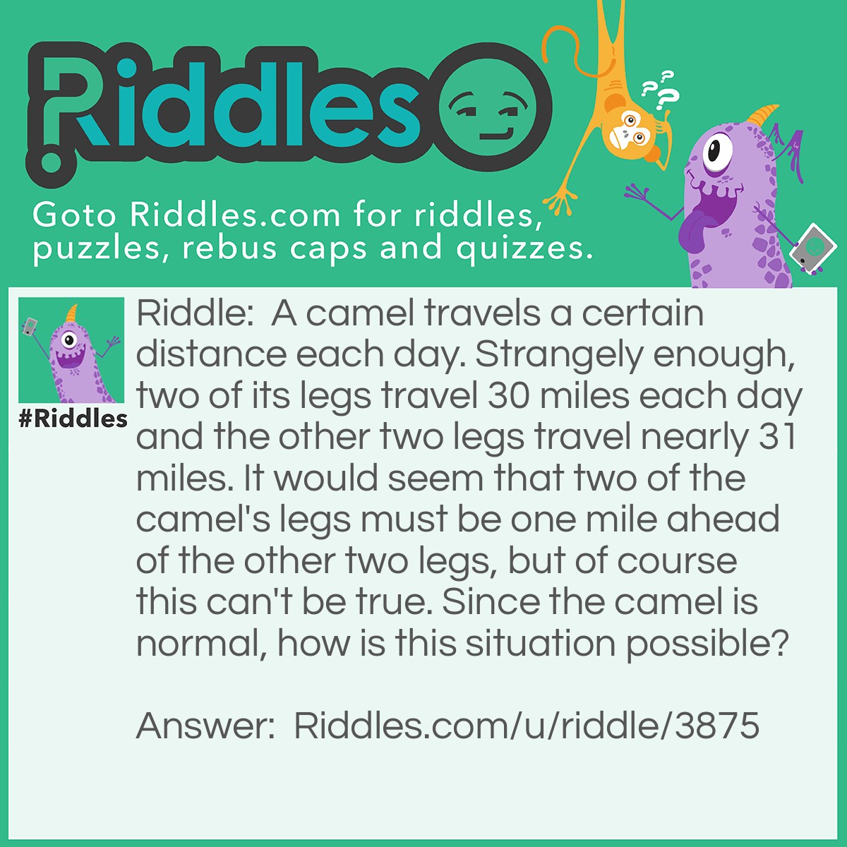 Riddle: A camel travels a certain distance each day. Strangely enough, two of its legs travel 30 miles each day and the other two legs travel nearly 31 miles. It would seem that two of the camel's legs must be one mile ahead of the other two legs, but of course this can't be true. Since the camel is normal, how is this situation possible? Answer: The camel operates a mill and travels in a circular clockwise direction. The two outside legs will travel a greater distance than the two inside legs.