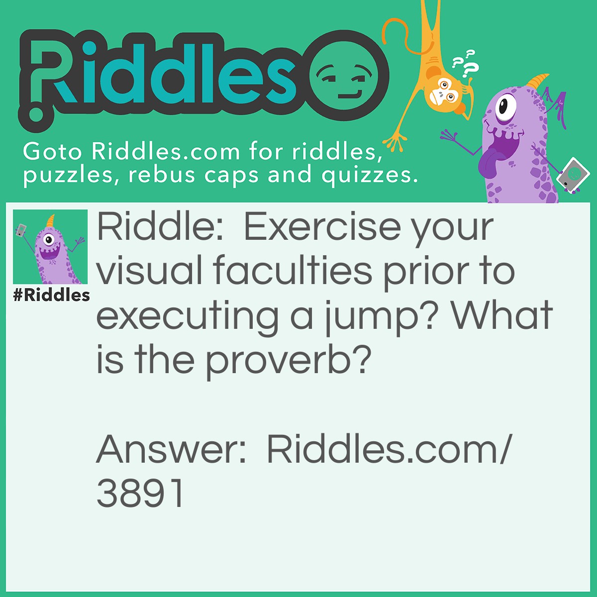 Riddle: Exercise your visual faculties prior to executing a jump. What is the proverb? Answer: Look before you leap.