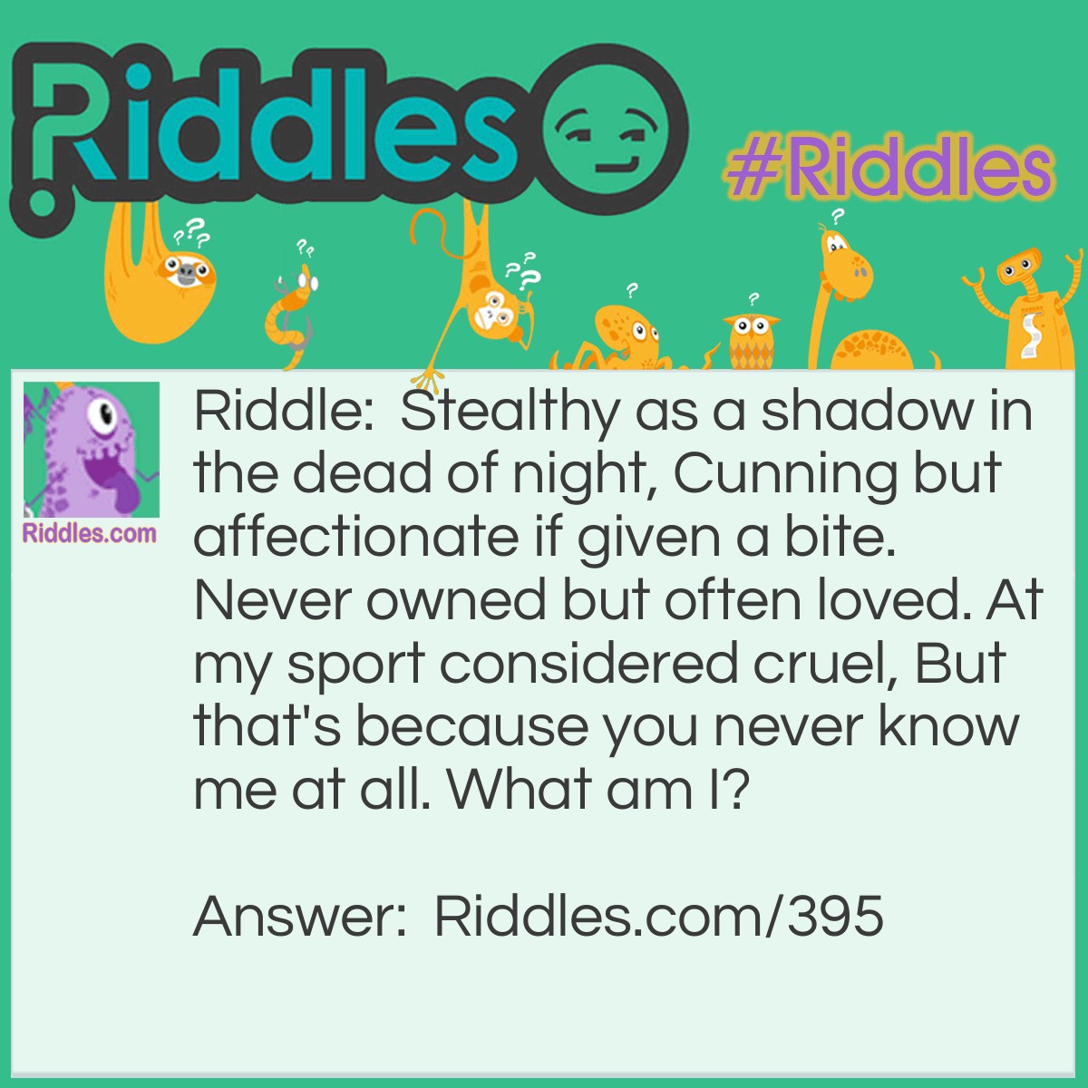 Riddle: Stealthy as a shadow in the dead of night, 
Cunning but affectionate if given a bite. 
Never owned but often loved. 
At my sport considered cruel, 
But that's because you never know me at all. 

What am I?  Answer: A cat.