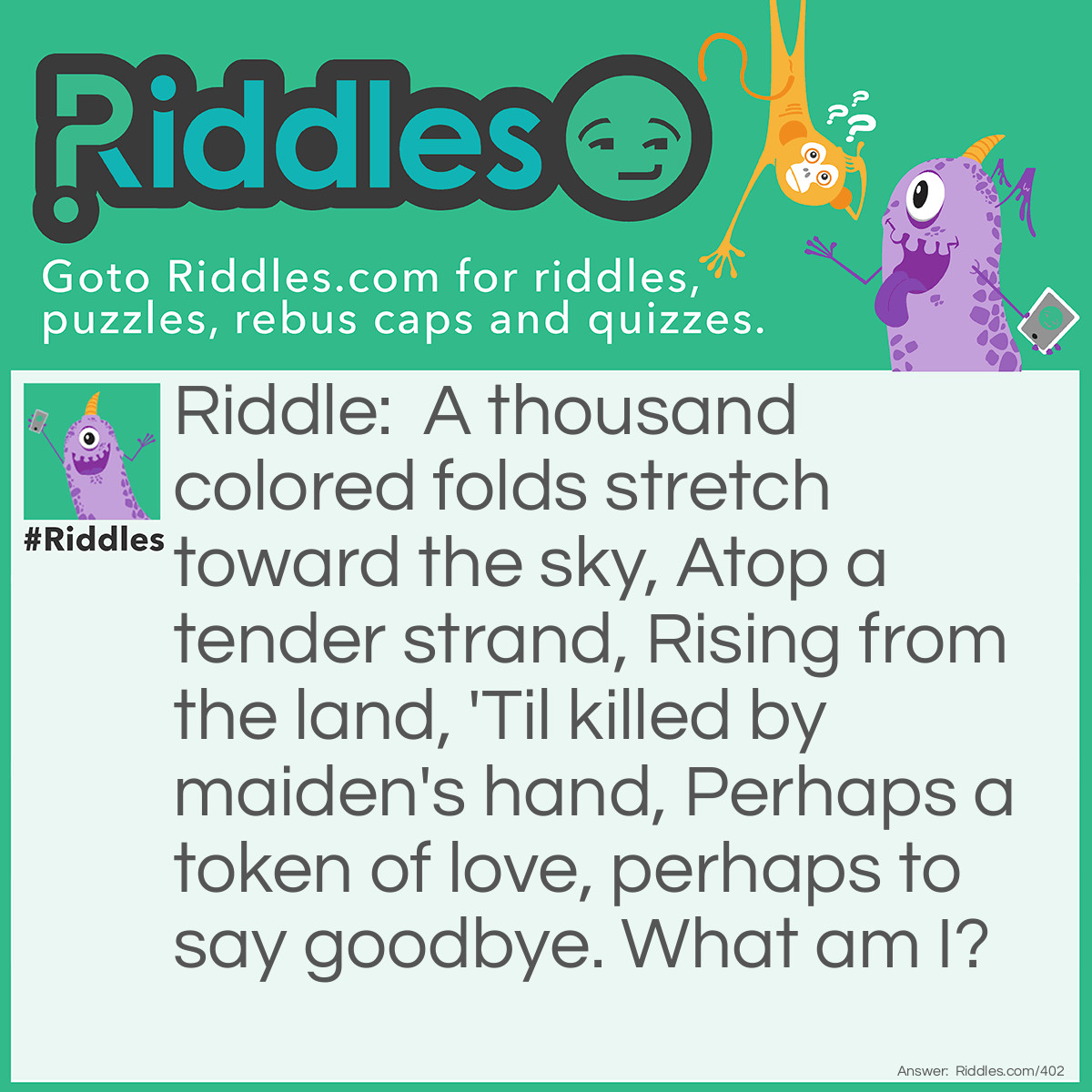 Riddle: A thousand colored folds stretch toward the sky, Atop a tender strand, Rising from the land, 'Til killed by maiden's hand, Perhaps a token of love, perhaps to say goodbye. What am I? Answer: A flower.