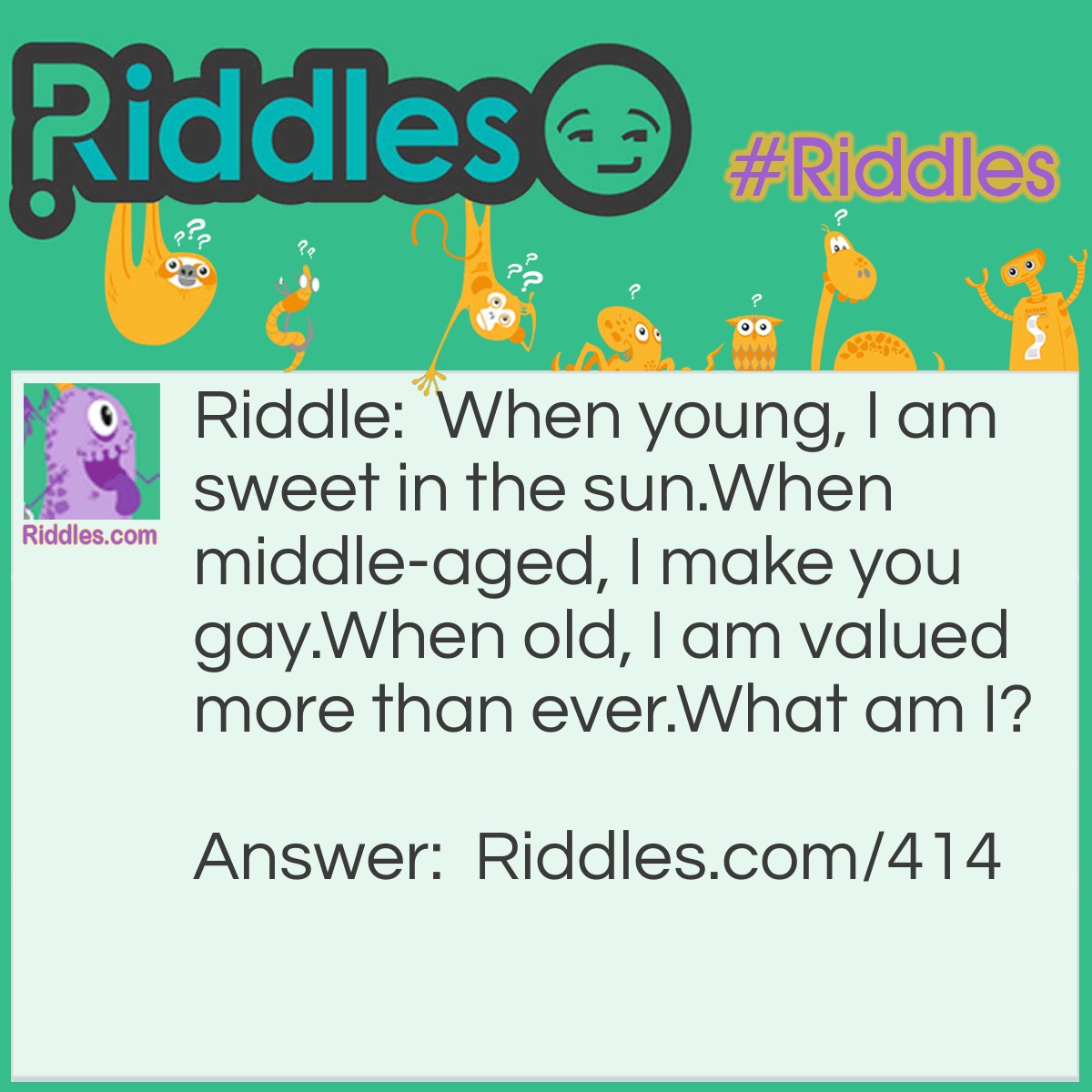 Riddle: When young, I am sweet in the sun.
When middle-aged, I make you gay.
When old, I am valued more than ever.
What am I? Answer: Wine.