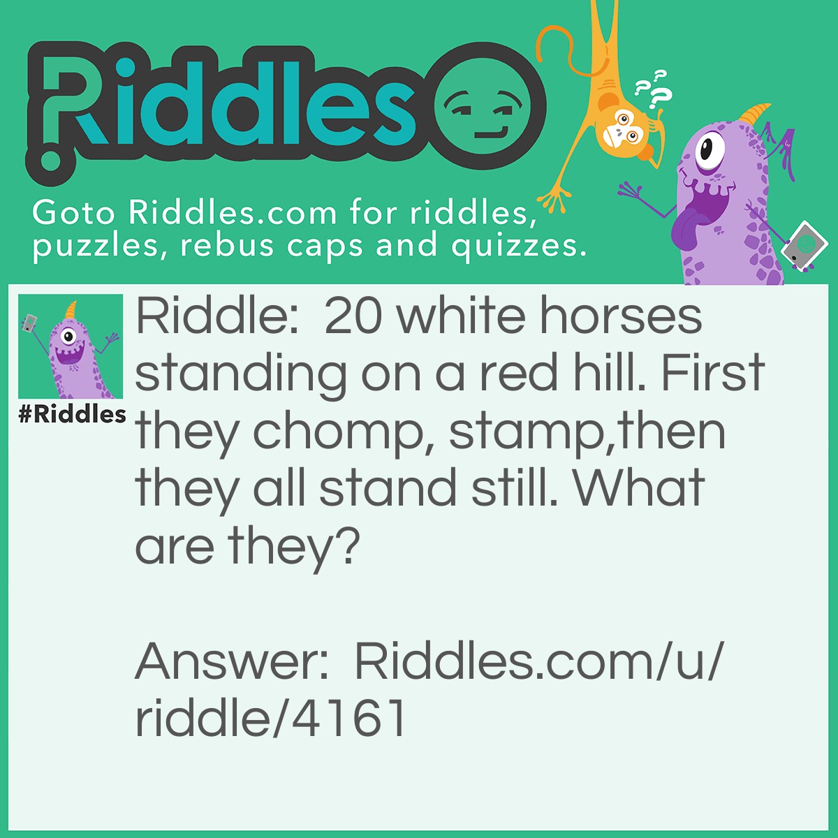 Riddle: 20 white horses standing on a red hill. First they chomp, stamp,then they all stand still. What are they? Answer: Your teeth!