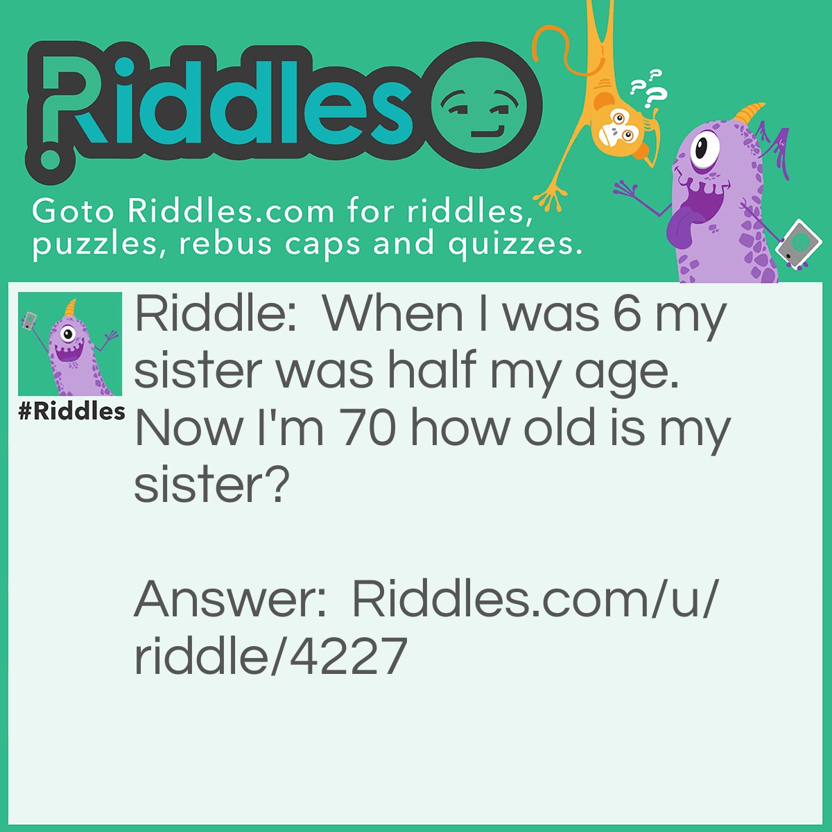 Riddle: When I was 6 my sister was half my age. Now I'm 70 how old is my sister? Answer: 67.