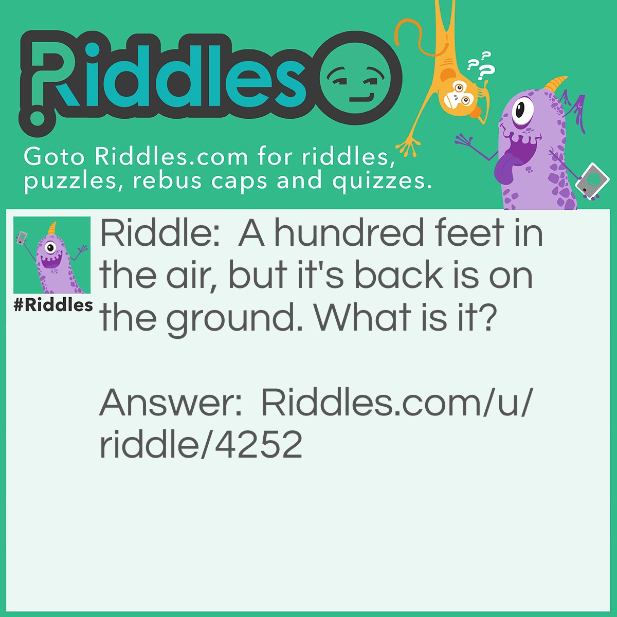 Riddle: A hundred feet in the air, but it's back is on the ground. What is it? Answer: A centipede flipped over!