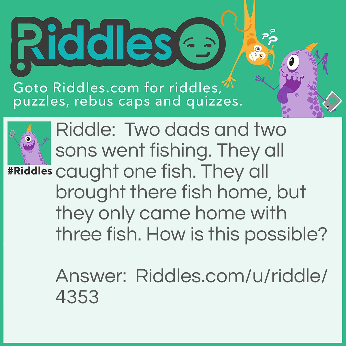 Riddle: Two dads and two sons went fishing. They all caught one fish. They all brought there fish home, but they only came home with three fish. How is this possible? Answer: There was a son, a father, and a grandfather. (The father was the sons dad, and the grandfather was the fathers dad. The son was the fathers son, and the father was the grandfathers son.)