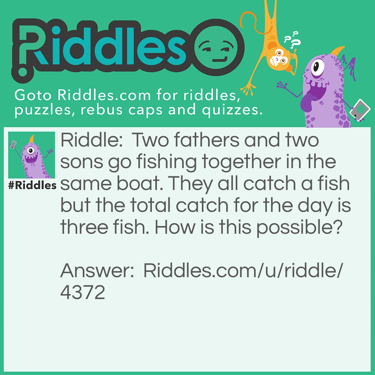 Riddle: Two fathers and two sons go fishing together in the same boat. They all catch a fish but the total catch for the day is three fish. How is this possible? Answer: There are three men: A grandfather, a father (the grandfather’s son) and the father’s son.