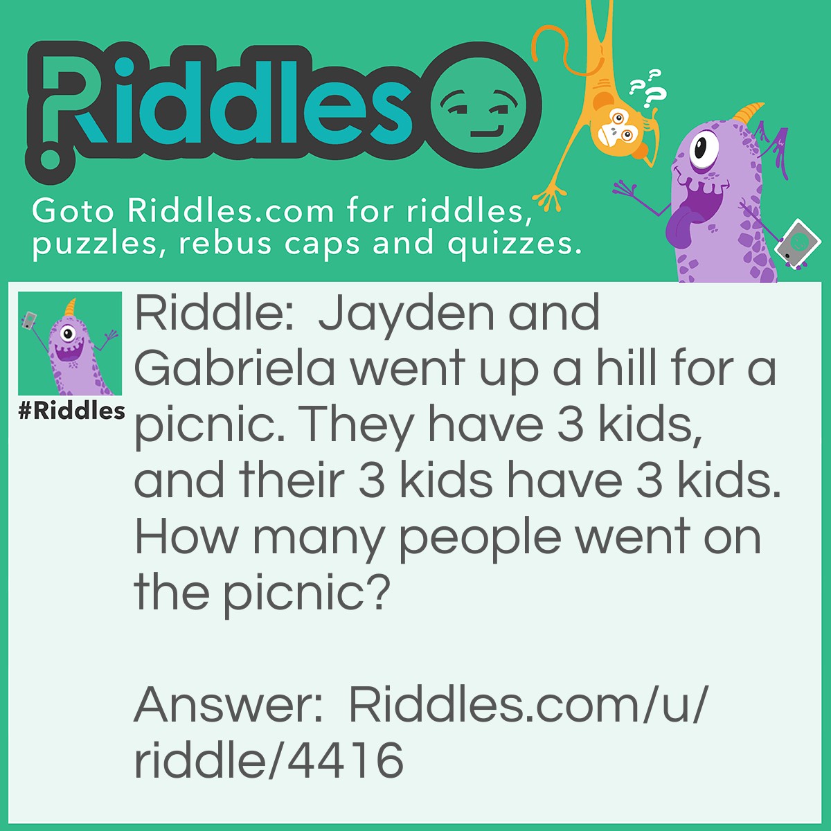 Riddle: Jayden and Gabriela went up a hill for a picnic. They have 3 kids, and their 3 kids have 3 kids. How many people went on the picnic? Answer: 2. "Jayden and Gabriela went up a hill for a picnic." Then I gave extra information, about they having kids. I never said the kids went on the picnic