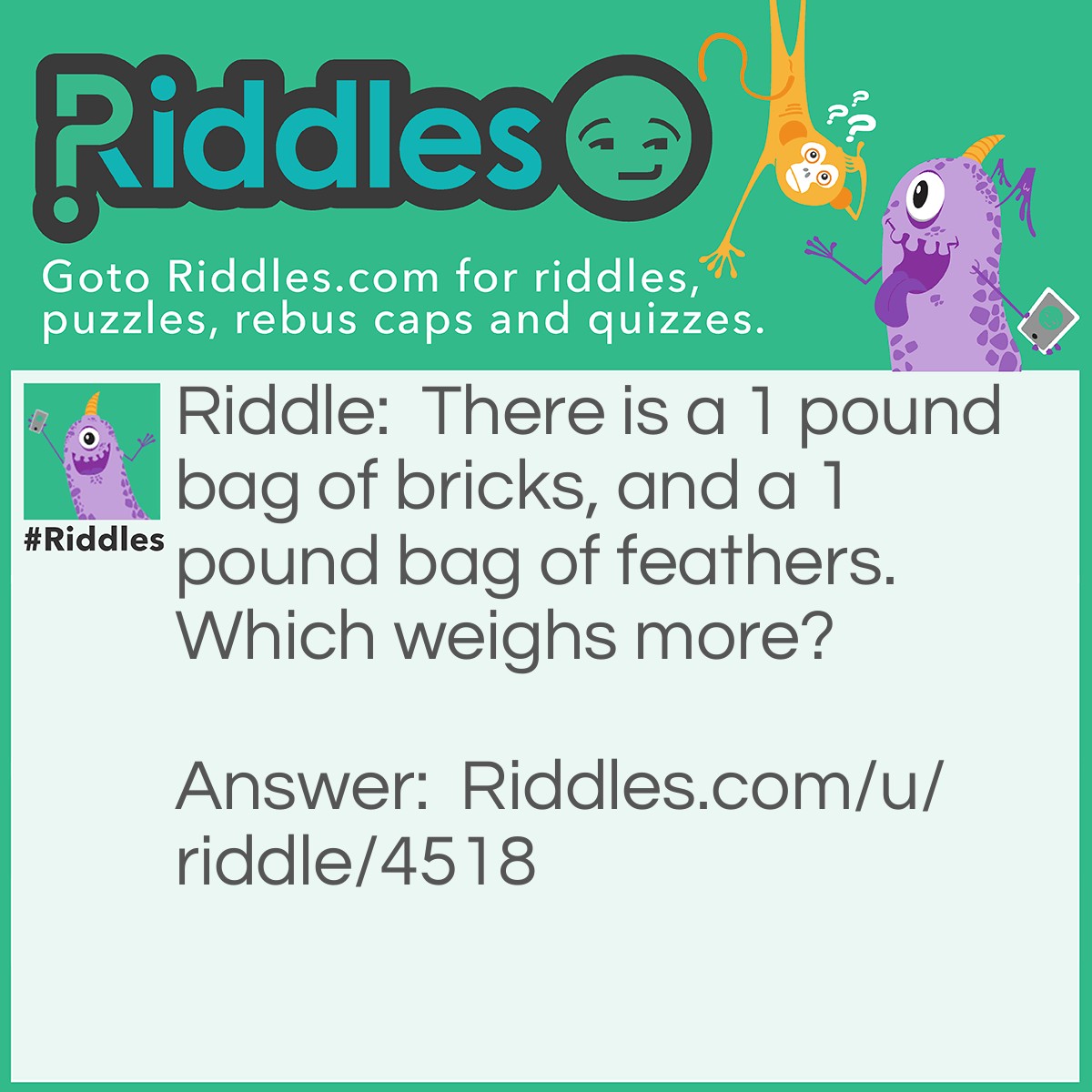 Riddle: There is a 1 pound bag of bricks, and a 1 pound bag of feathers. Which weighs more? Answer: Neither. Both bags weigh 1 pound, even though we all know that a brick is heavier than a feather, it still is neither. Probably, only 1 brick would weigh a pound, and about 1,000 feathers(or more) would weigh a pound. But they still weigh the same, so, yeah!