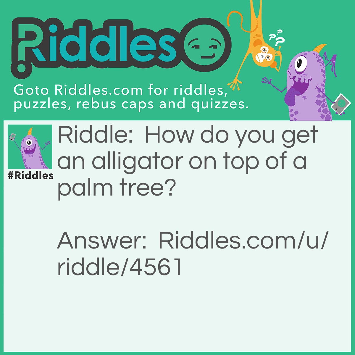 Riddle: How do you get an alligator on top of a palm tree? Answer: Plant palm tree, put alligator where you planted it, wait for tree to grow.