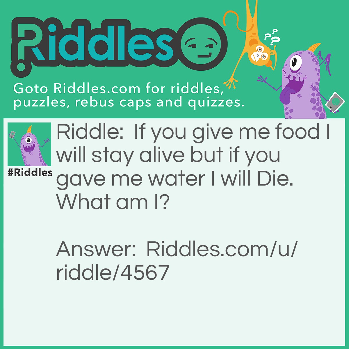 Riddle: If you give me food I will stay alive but if you gave me water I will Die. What am I? Answer: Fire.