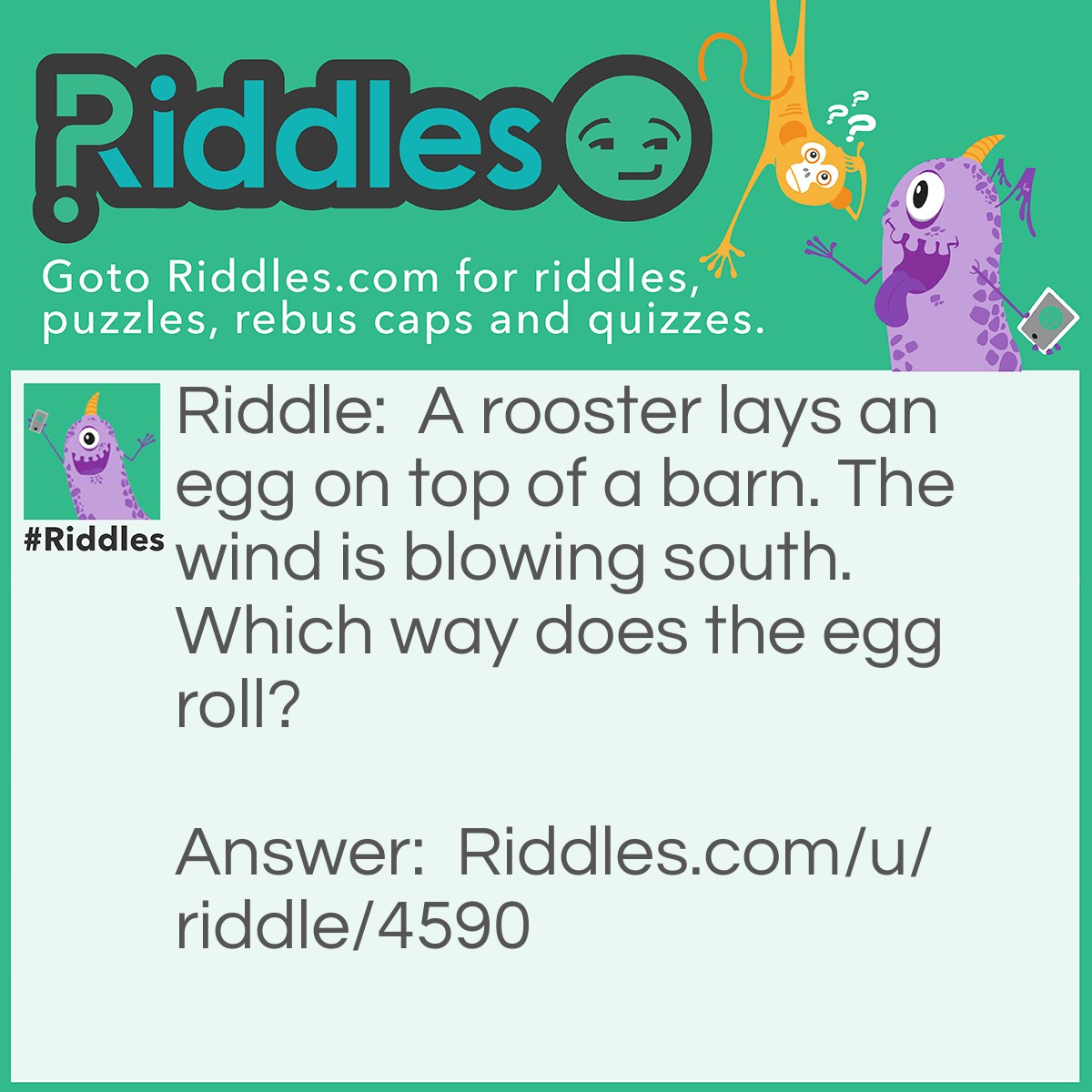Riddle: A rooster lays an egg on top of a barn. The wind is blowing south. Which way does the egg roll? Answer: It doesn't because since when do roosters lay eggs.