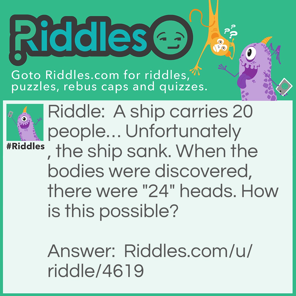Riddle: A ship carries 20 people... Unfortunately, the ship sank. When the bodies were discovered, there were "24" heads. How is this possible? Answer: There were 20 FOREHEADS…